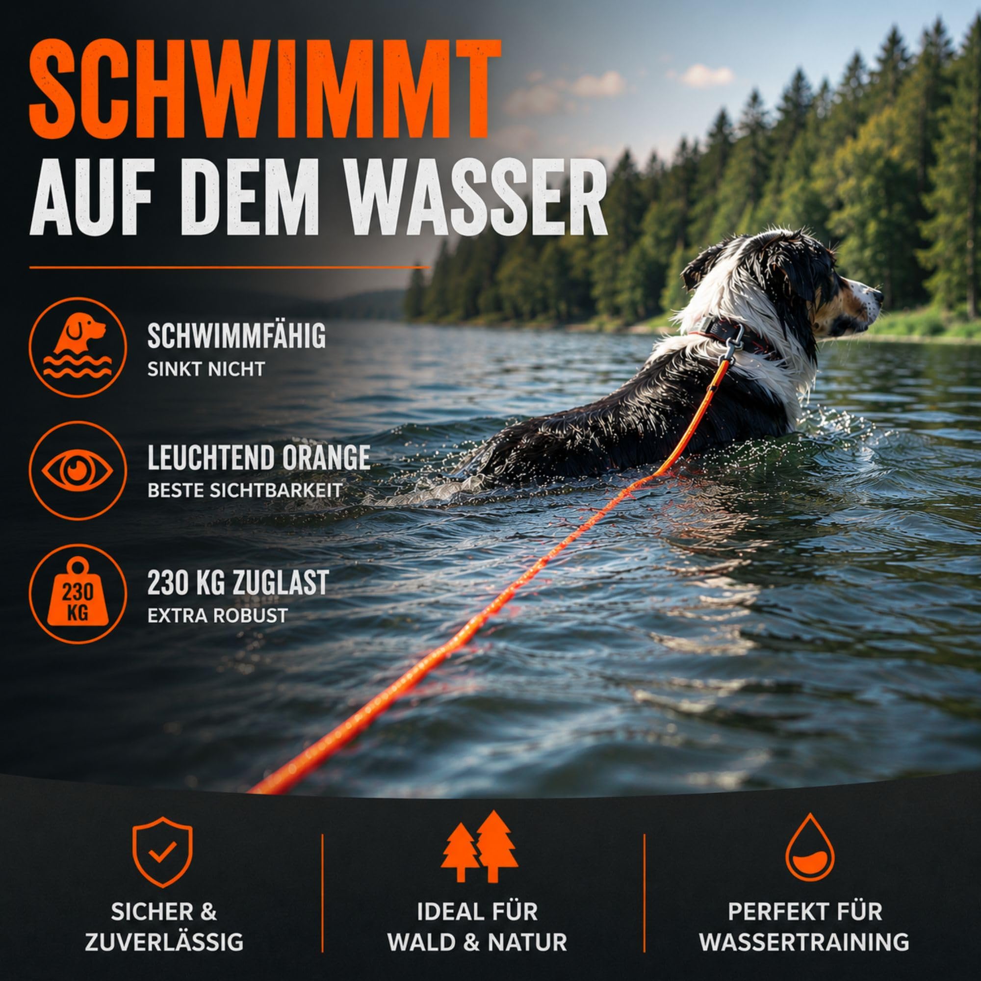 Schleppleine Hund schwimmend, ohne Handschlaufe, 10 m, Leuchtend Orange - robuste Feldleine mit Drehgelenk-Karabiner, Zuglast 230 kg, Trainingsleine für Hunde, Wasser- & Geländearbeit