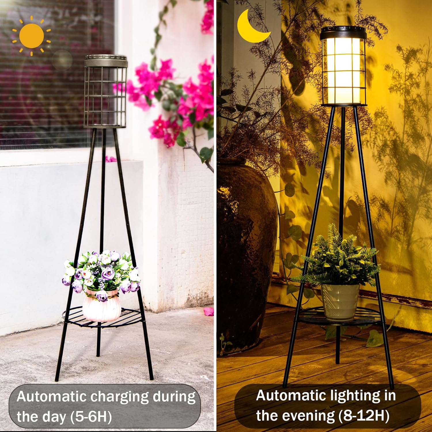 2 Pack Solar Floor Lamps, Outdoor Solar Floor Lights with Plant Stands, IP65 Waterproof Outdoor Lamps for Patio, 38 Inch Flower Shelf Lights USB Charging, Decor Garden Backyard
