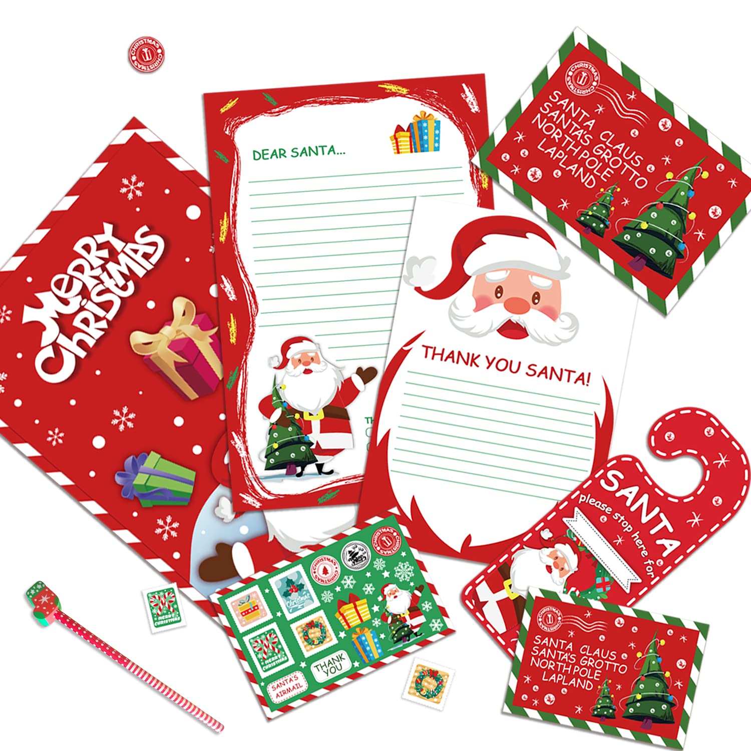 8PCS Christmas Letter to Santa Kit,Letter to Santa Pack with Pencil Eraser Stickers Envelope for Kids