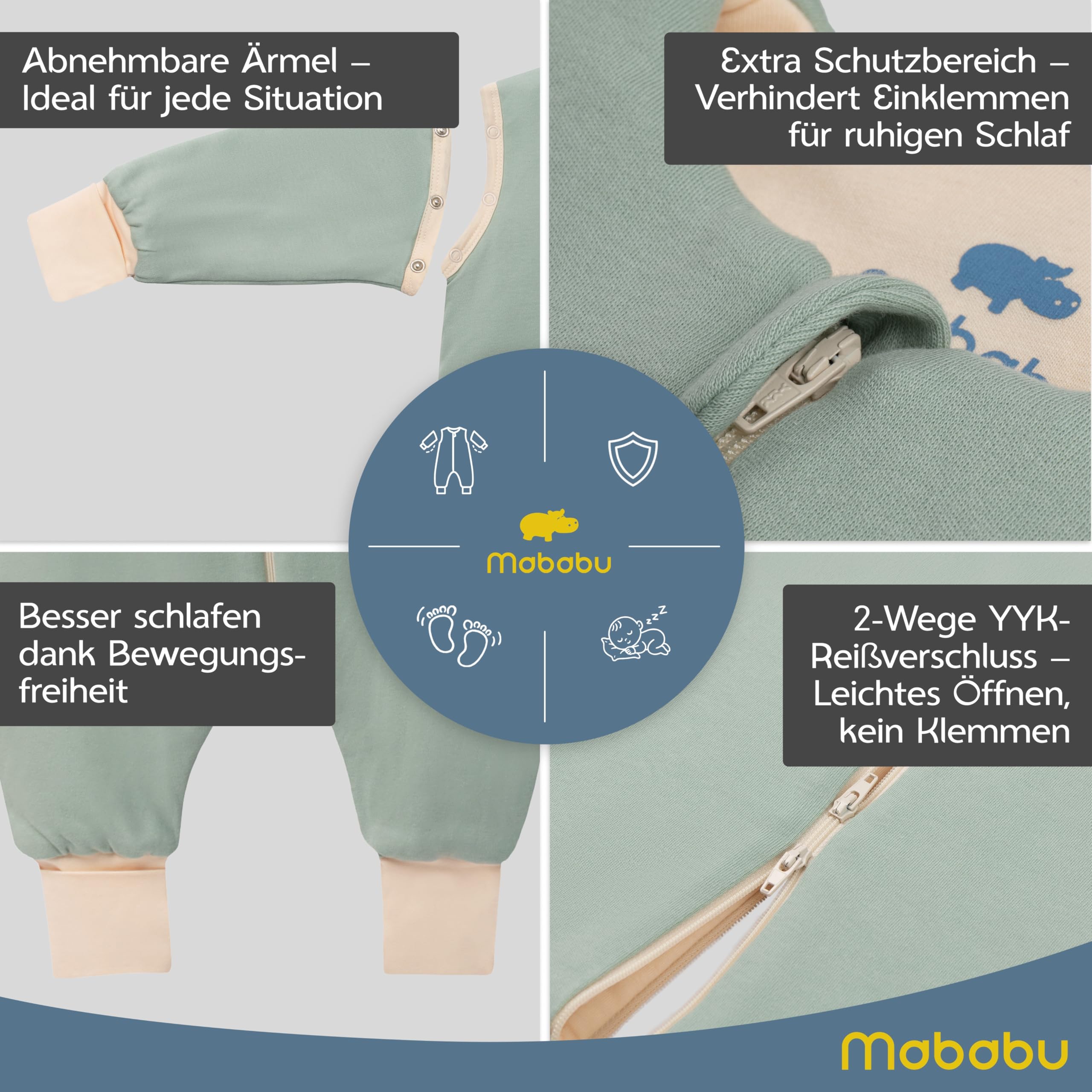 Saco de dormir para bebé con pies 0,5 TOG – Verano y entretiempo – 100% algodón orgánico GOTS – Saco de dormir para bebé con mangas desmontables y puños plegables (Verde mar, 104/110)