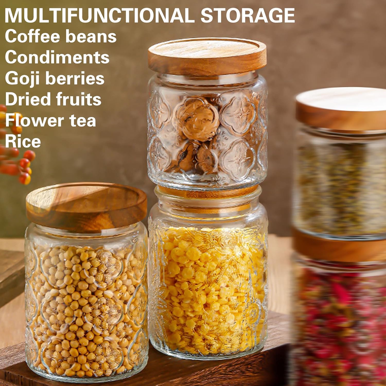 Glass Jar with Lid,4 PCS Airtight Glass Food Storage Container Set,Square Clear Glass Jars Wide Mouth Food Storage Canister with Wooden Lid for Sugar Coffee Beans Tea Spice Oats Snacks (450ML)
