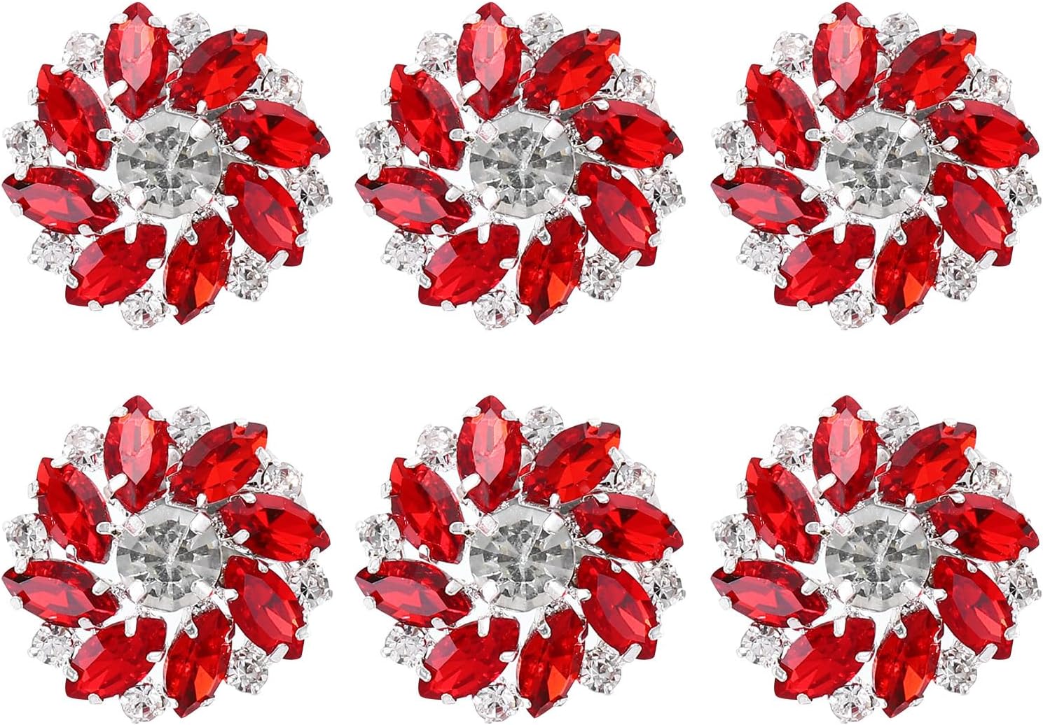 MECCANIXITY 6pcs Rhinestone Flower Sewing Buttons 1 Inch Crystal Shank Buttons for Jewelry Making Cloth DIY Sewing Embellishments, Silver Red
