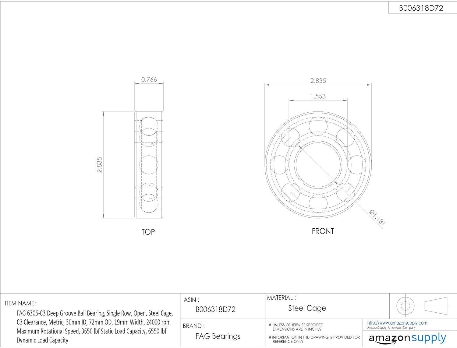 FAG Deep Groove Ball Bearings Single Row Design 6306-C3