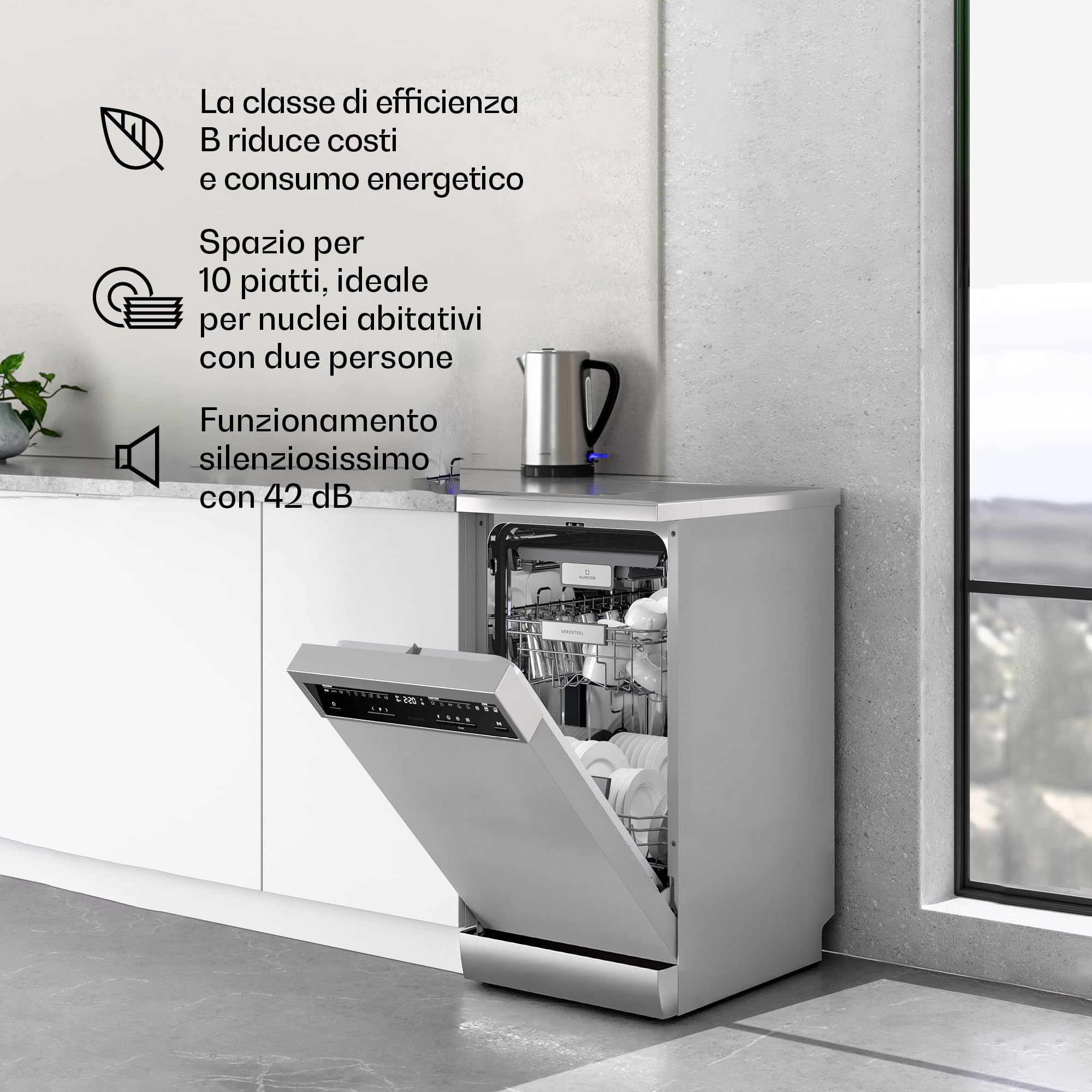 Klarstein Verosteel Lavastoviglie 45cm Libera Installazione - 10 Coperti, 9 Programmi, 42 dB, Classe B, AquaStop, Blocco Bambini, Argento, Display, Lavastoviglie Compatta