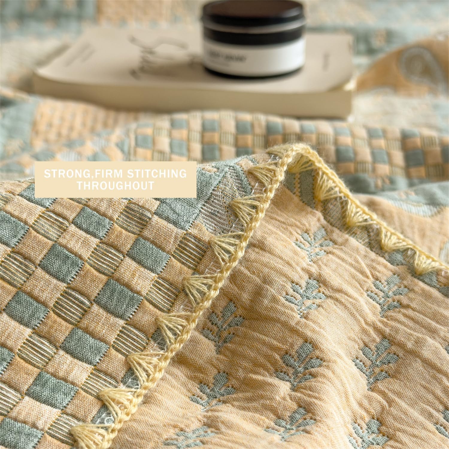 SANACYNA Cotton Muslin Quilt 80x90 Inches, Farmhouse Patchwork Reversible Lightweight Breathable Quilted Blanket for Couch Sofa Bed, Summer Air Conditioner Coverlet (Patchwork Yellow, 80 x 90 in)