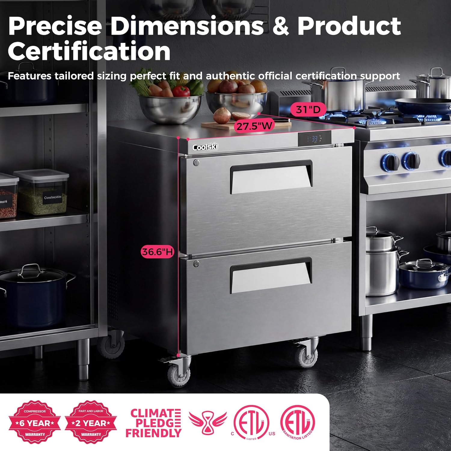 Coolski Commercial Worktop Undercounter Refrigerator with Drawers, 27" W 2 Drawers Under Counter Fridge with 6 Pans, 5.2 Cu.ft. Stainless Steel Refrigerator for Restaurant, Bar, Shop, Kitchen Use