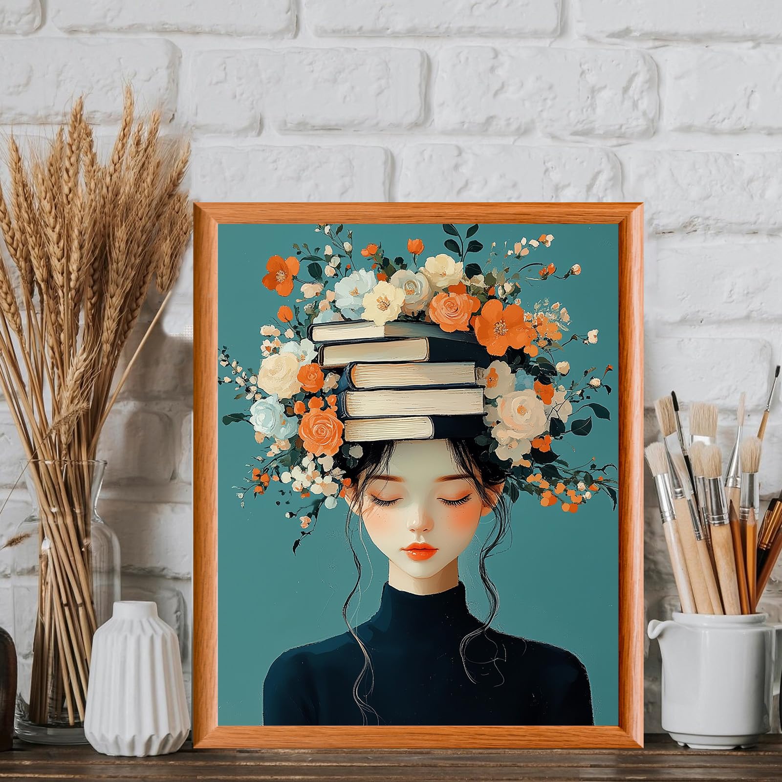 AIRDEA Donna con libri Dipingere con i Numeri Adulti, Fiori Paint by Numbers con Vernici e Pennelli, Kit di Pittura Acrilica Fai-da-Te per Adulti Principianti Decora la casa 40x50 cm (Nessuna Cornice)