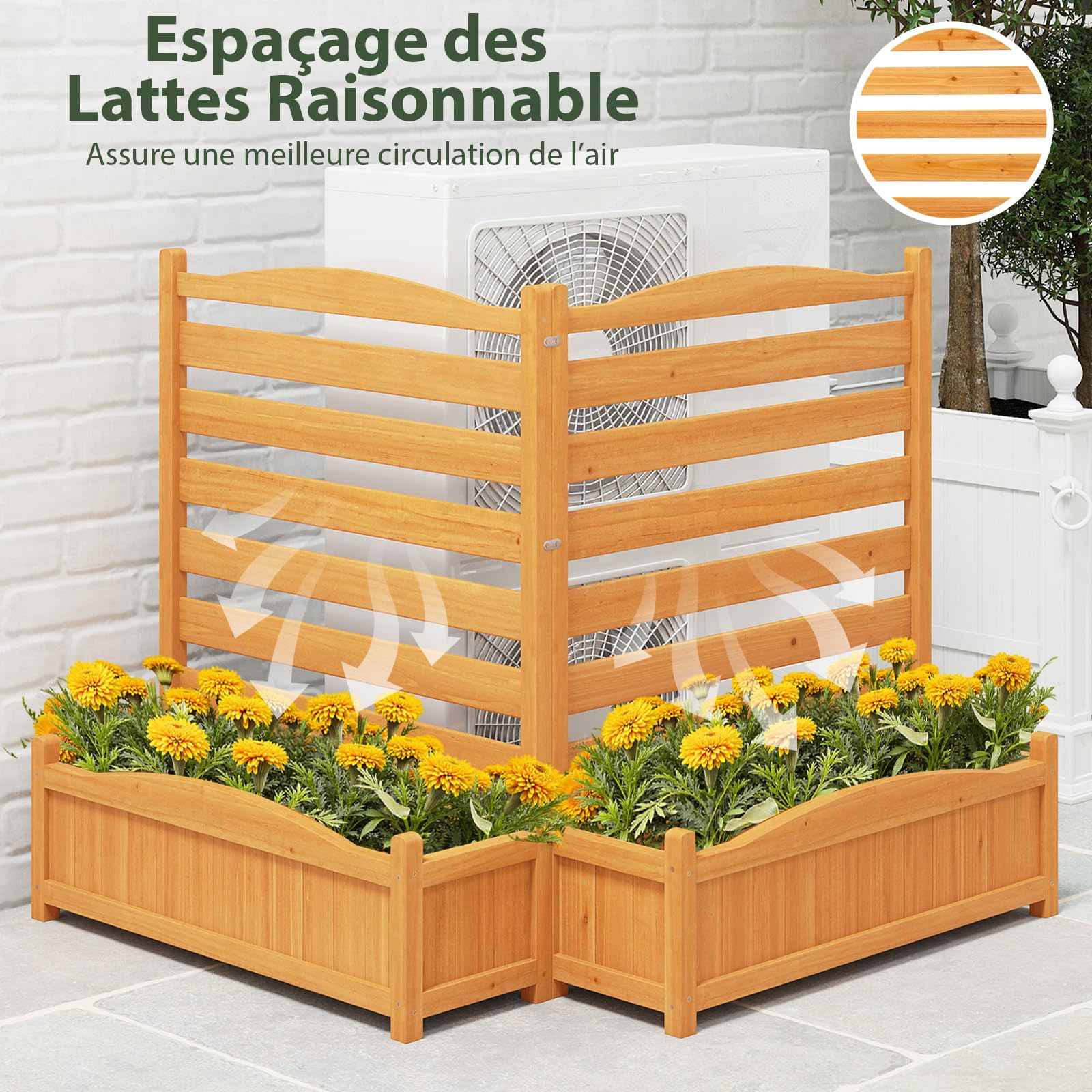 GOPLUS Jardinière Surélevée avec Bac à Fleurs en Bois, Clôture Décorative Brise Vue Jardin Pour Plantes Grimpantes avec Jardinières 85x28x101CM Autoportant avec Trous Drainage (2 Panneaux,Jaune)