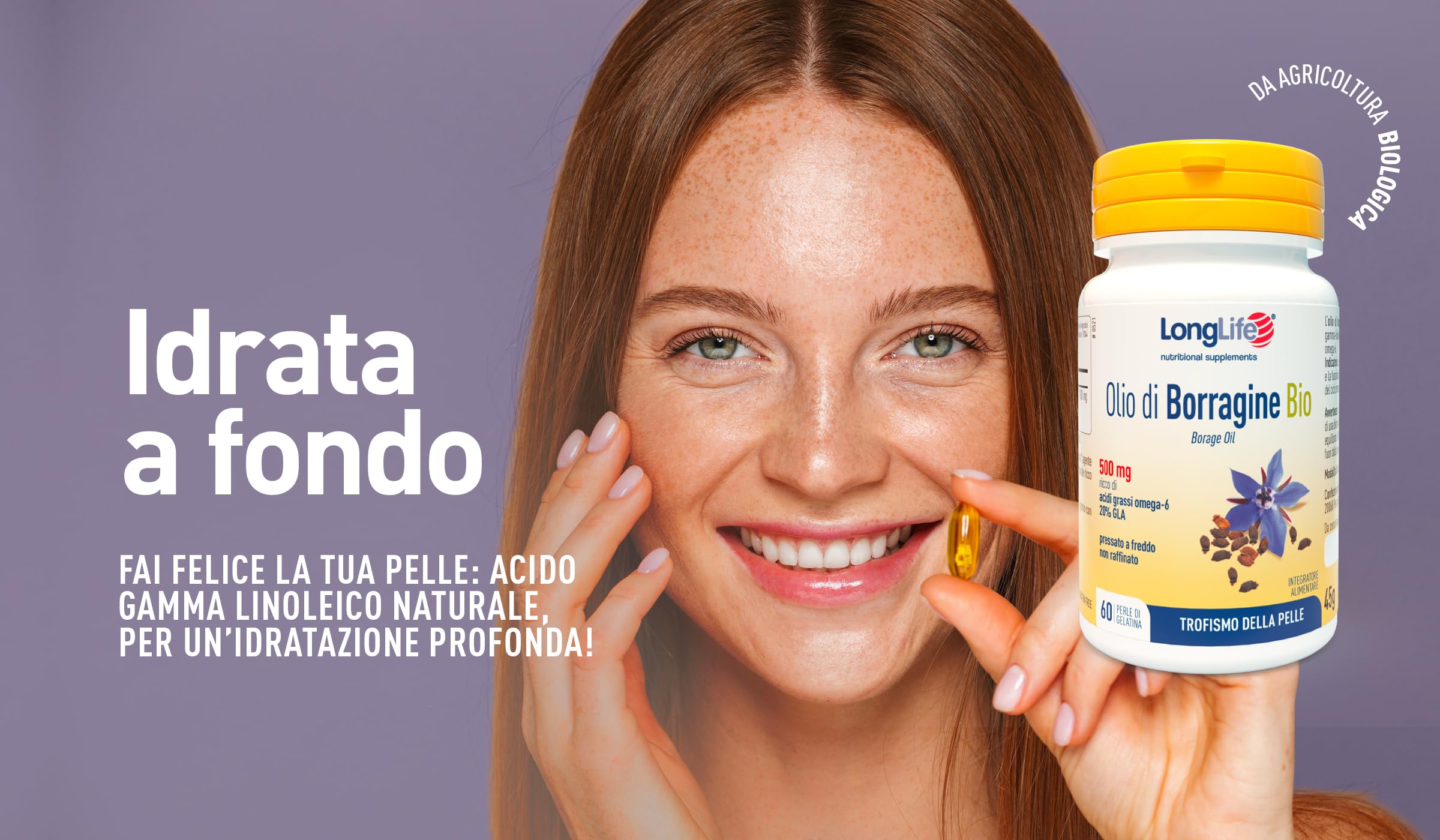 LongLife® Olio di Borragine Bio 500mg | Integratore di borragine titolato al 20% in GLA | Omega 6 | Trofismo della pelle | Benessere della donna | 60 perle | Biologico e senza glutine