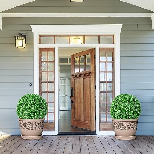 Miniatura 2 de Goplus 2 bolas topiarias artificiales de acebo, bolas de boj de imitación de 19.5 pulgadas con flores blancas, bolas decorativas resistentes a los