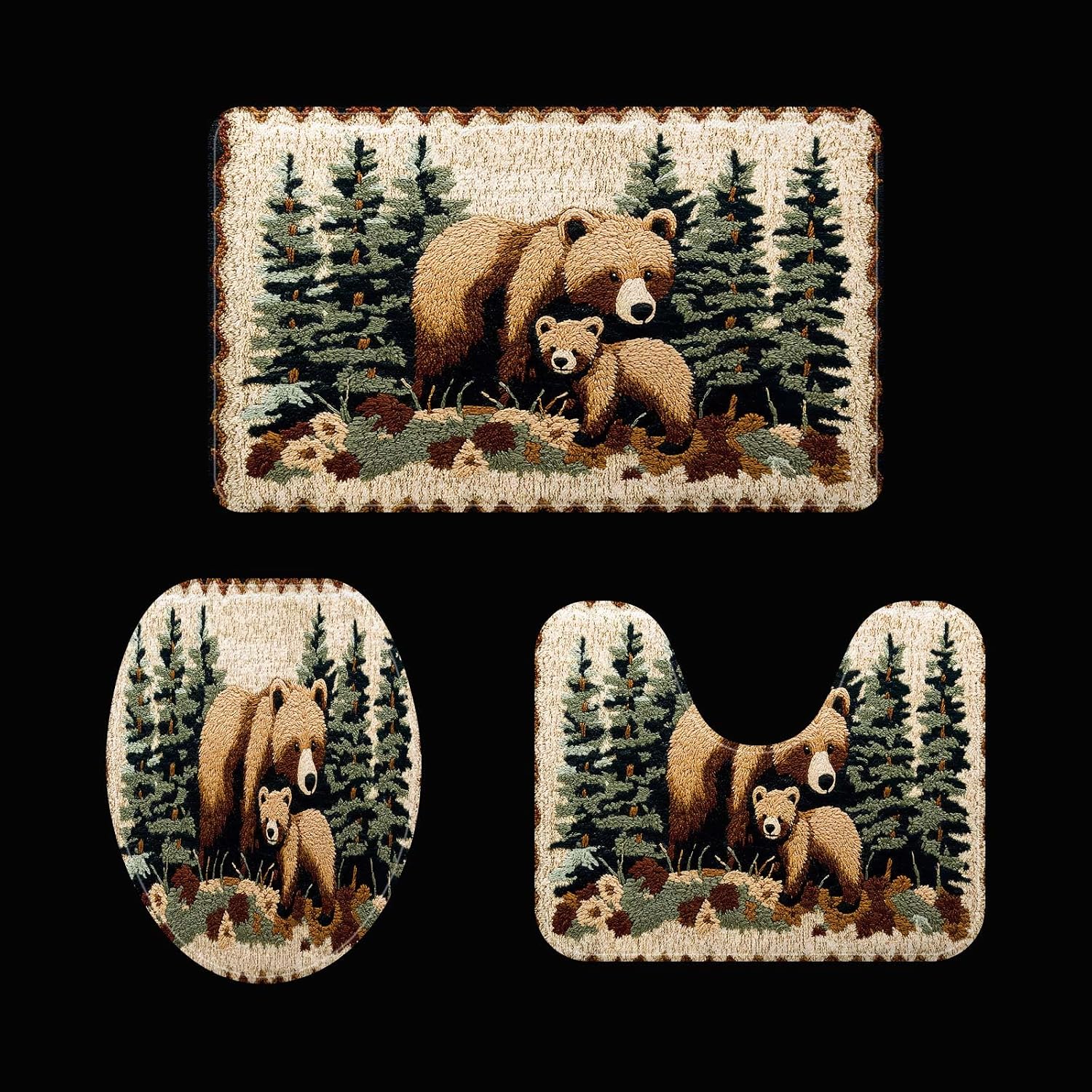 Bear Rug Mat Farmhouse Bathroom Mats Sets 3 Piece Animal Black Bear Forest Trees Rustic Cabin Carpet Camping Bath Rug Sets for Bathroom Bedroom Kitchen Outdoor Indoor Bathroom Rug and Toilet Lid Cover