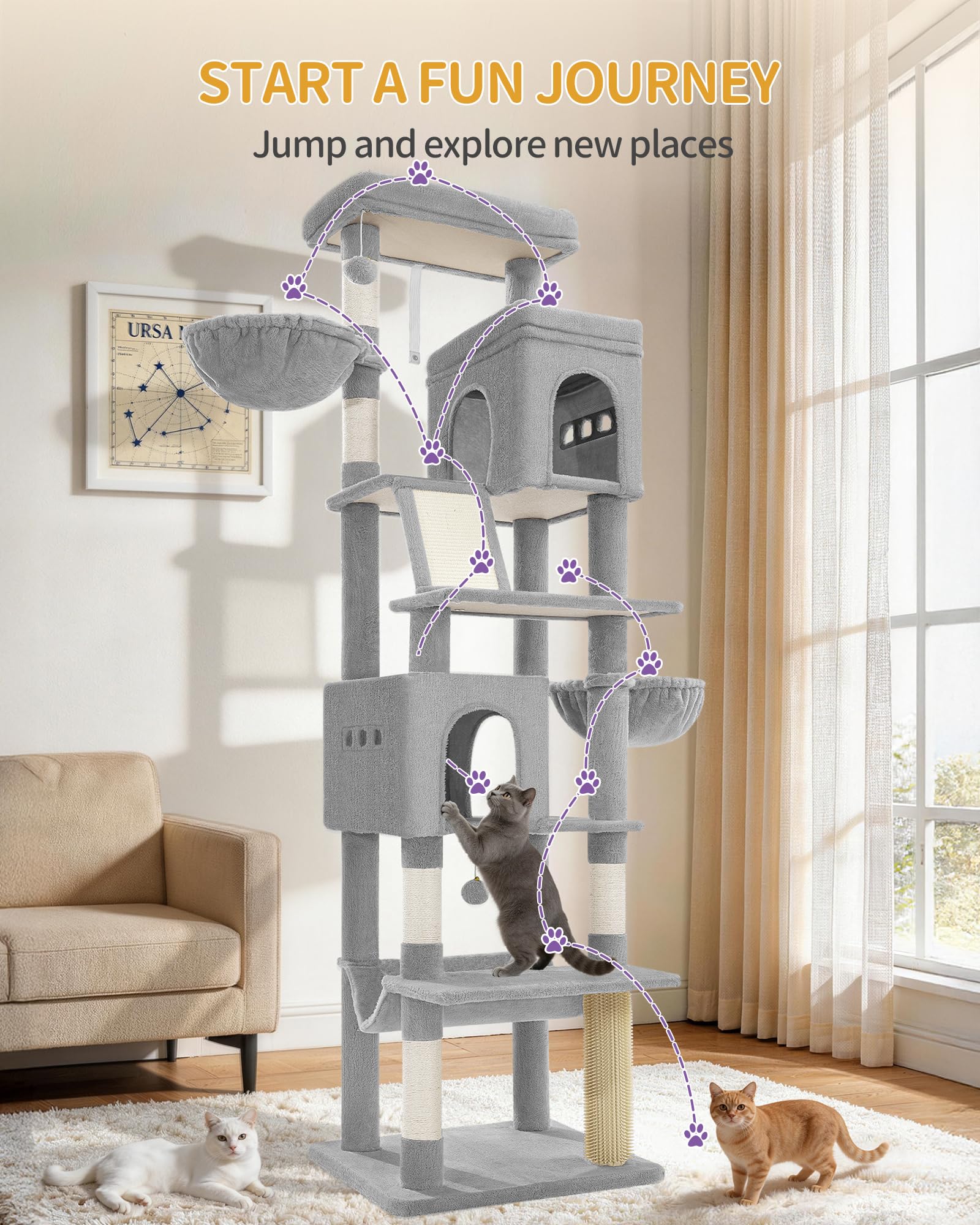 Hzuaneri Albero Tiragraffi Grande per Gatti, Torre per Gatti da Interno 213 cm con 2 Grandi Piattaforme, 2 Grotte, 2 Ceste, Amaca e 5 Pali, per Tutte le Razze di Gatti, Grigio Chiaro, MS21318LG