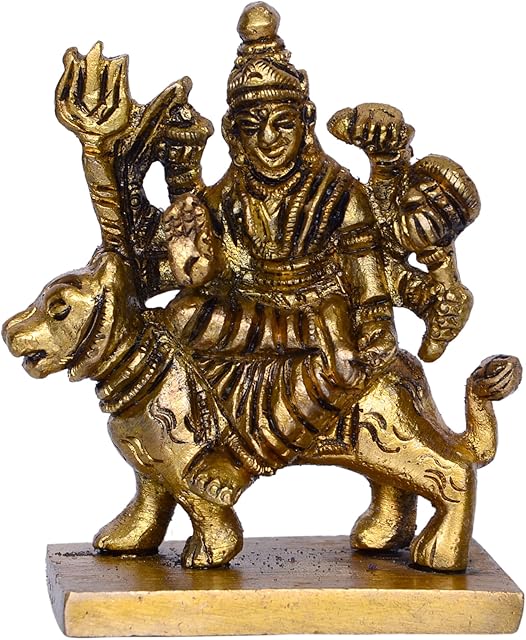 Purpledip Hindu Religious Goddess Durga Ma Statue: Sculpted in Solid Brass Metal for Home Temple, Office Table or Shop Puja Shelf | Hindu Religious Gift (10379)