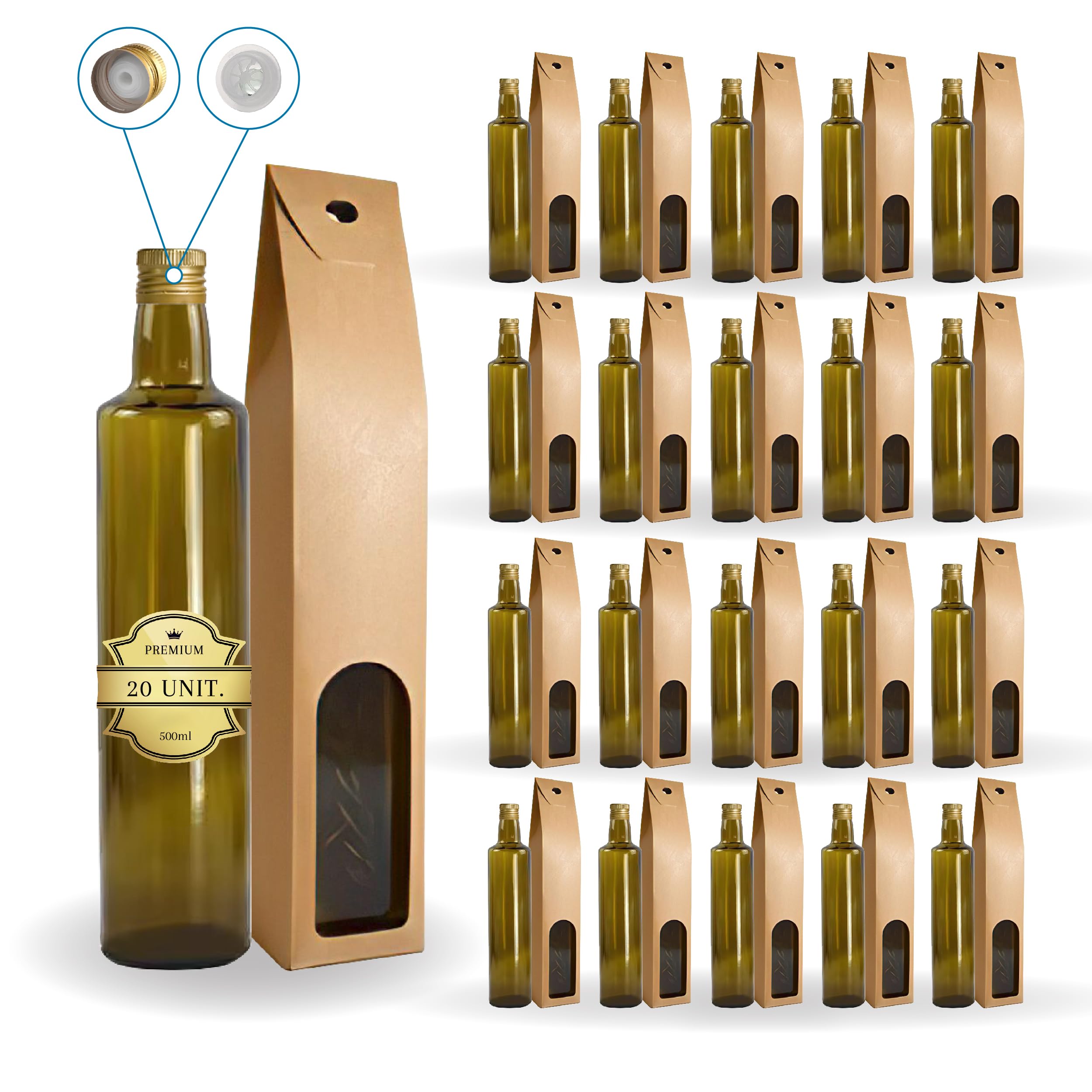 20 bottiglie di vetro scuro da 500 ml con tappo dorato e beccuccio + 20 scatole, oliera per olio d'oliva, aceto e salse Espirito Rebelde