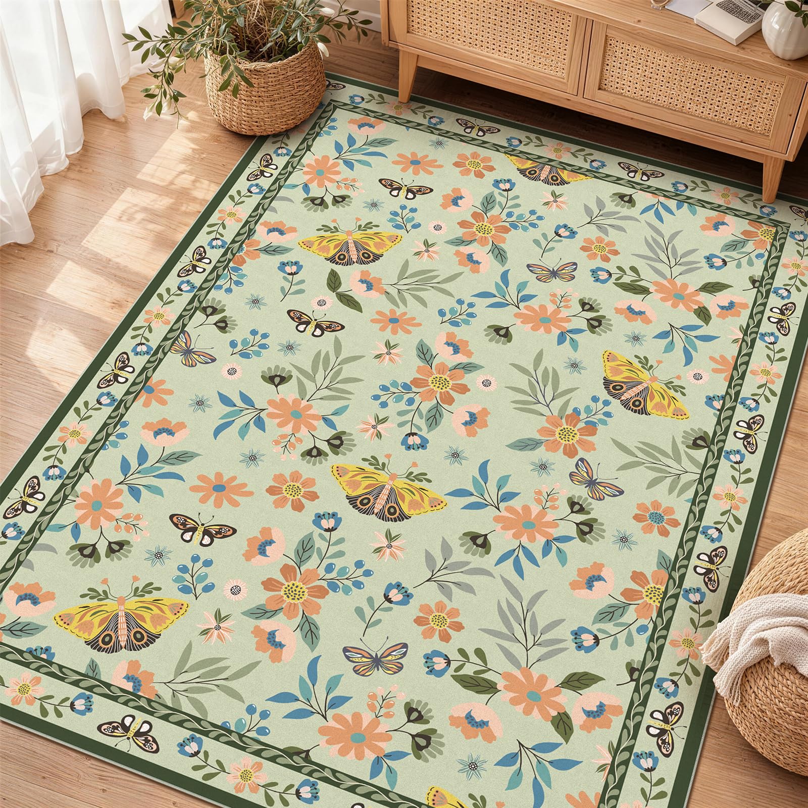 FVVRAX Butterfly Floral Rugs for Bedroom 80×150 cm, Green Low Pile Boho Rug for Living Room, Non-Slip Washable Area Rug Carpet for Entryway, Hallway Home Decor