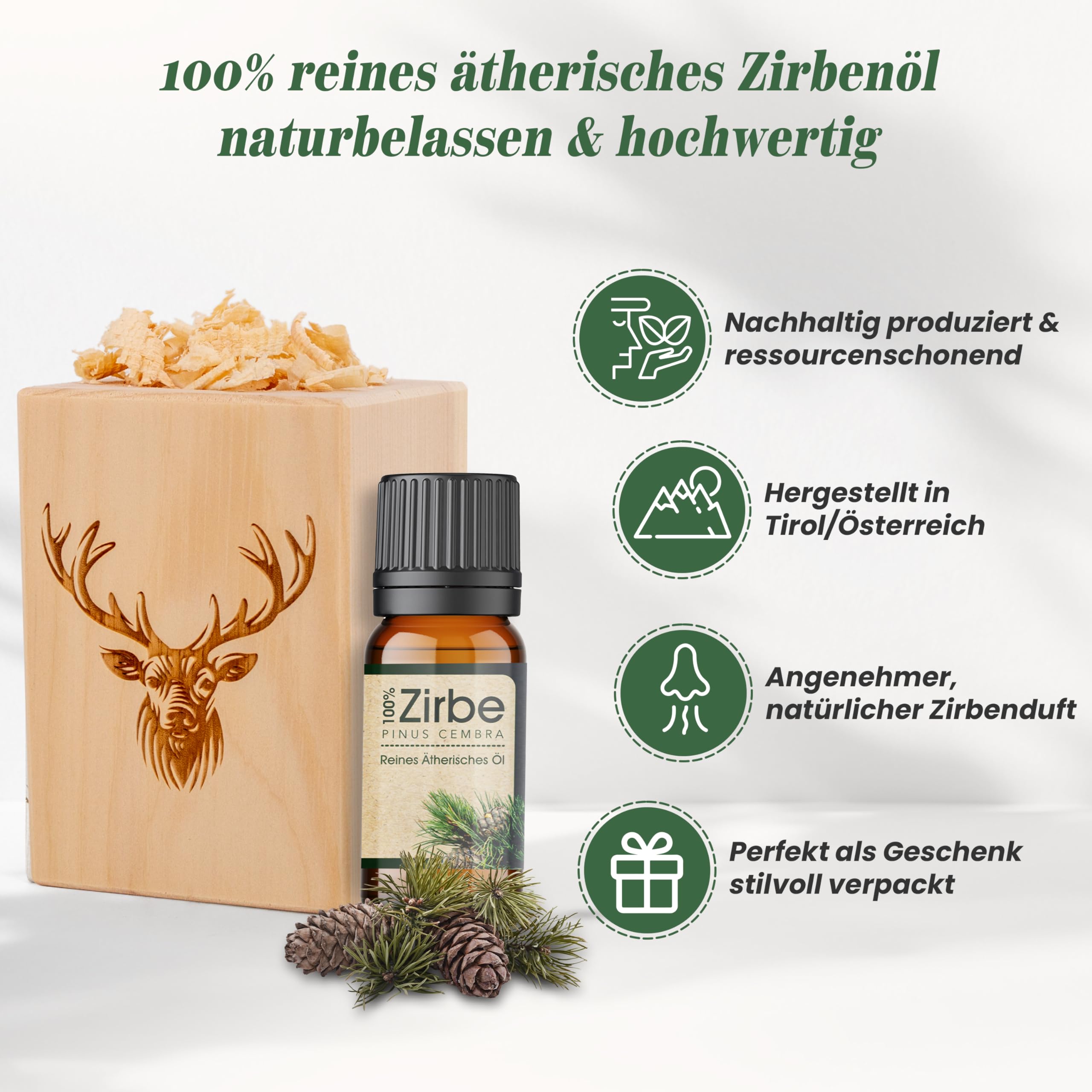 sagl.tirol® Zirbenholz Set mit Zirbenspäne und 10 ml Zirbenöl - Zirbelkiefer Öl – Zirbenduft und Deko aus Zirbelkiefer – Nachhaltige Zirbenholz Produkte, Zirbenwürfel, Raumduft Zirbe - Hirsch