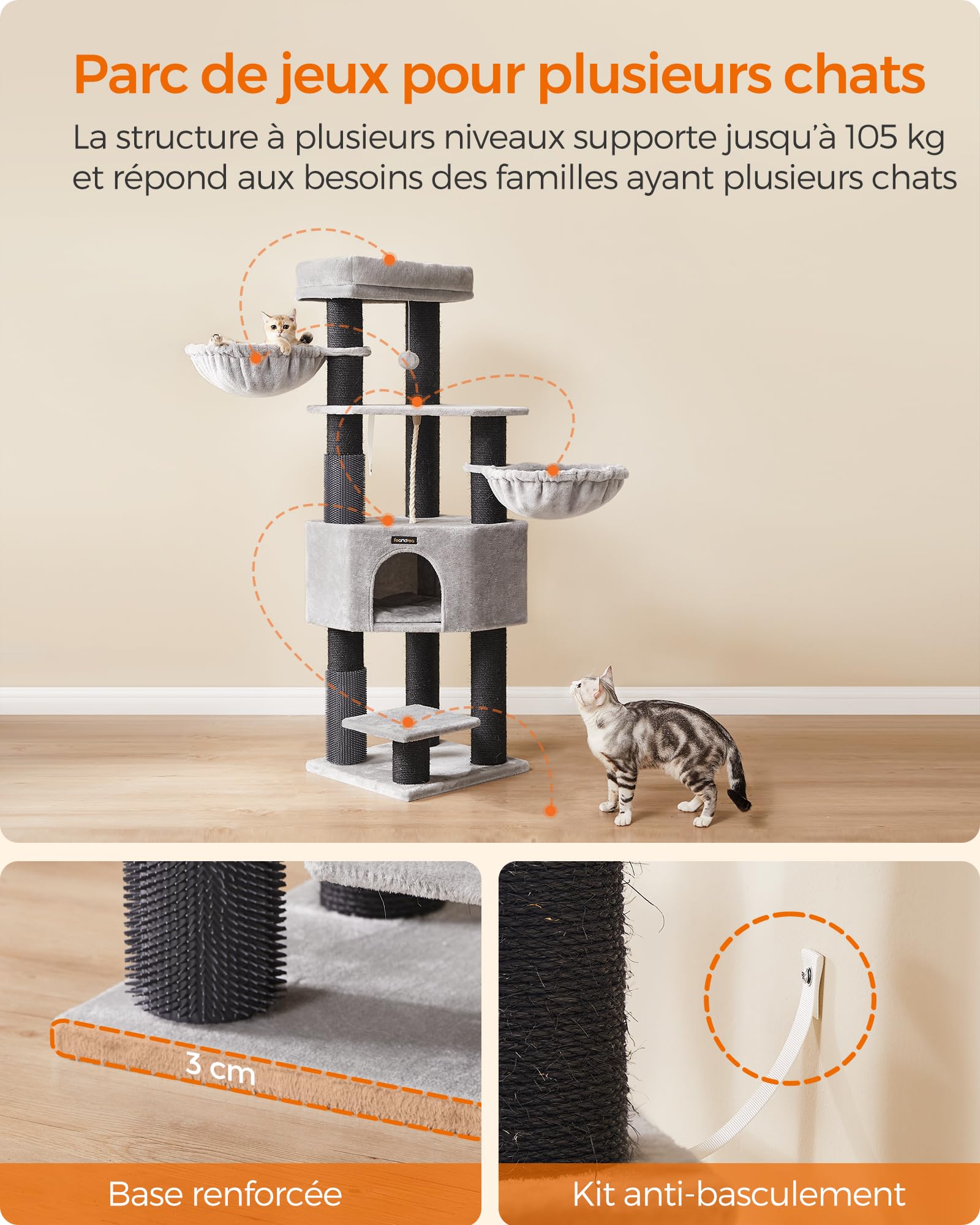 Feandrea Arbre à Chat Grand et Stable, Auto-toiletteurs, Poteaux à Griffer, Niche, Hamacs, Plateformes, Corde en Sisal, 50 x 50 x 160 cm, Gris Tourterelle et Noir PCT003W01