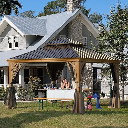 Domi Outdoor Living - Gazebo de aluminio para exteriores de 12 x 12 pies con doble toldo de acero galvanizado para patios, terraza, patio, cortinas