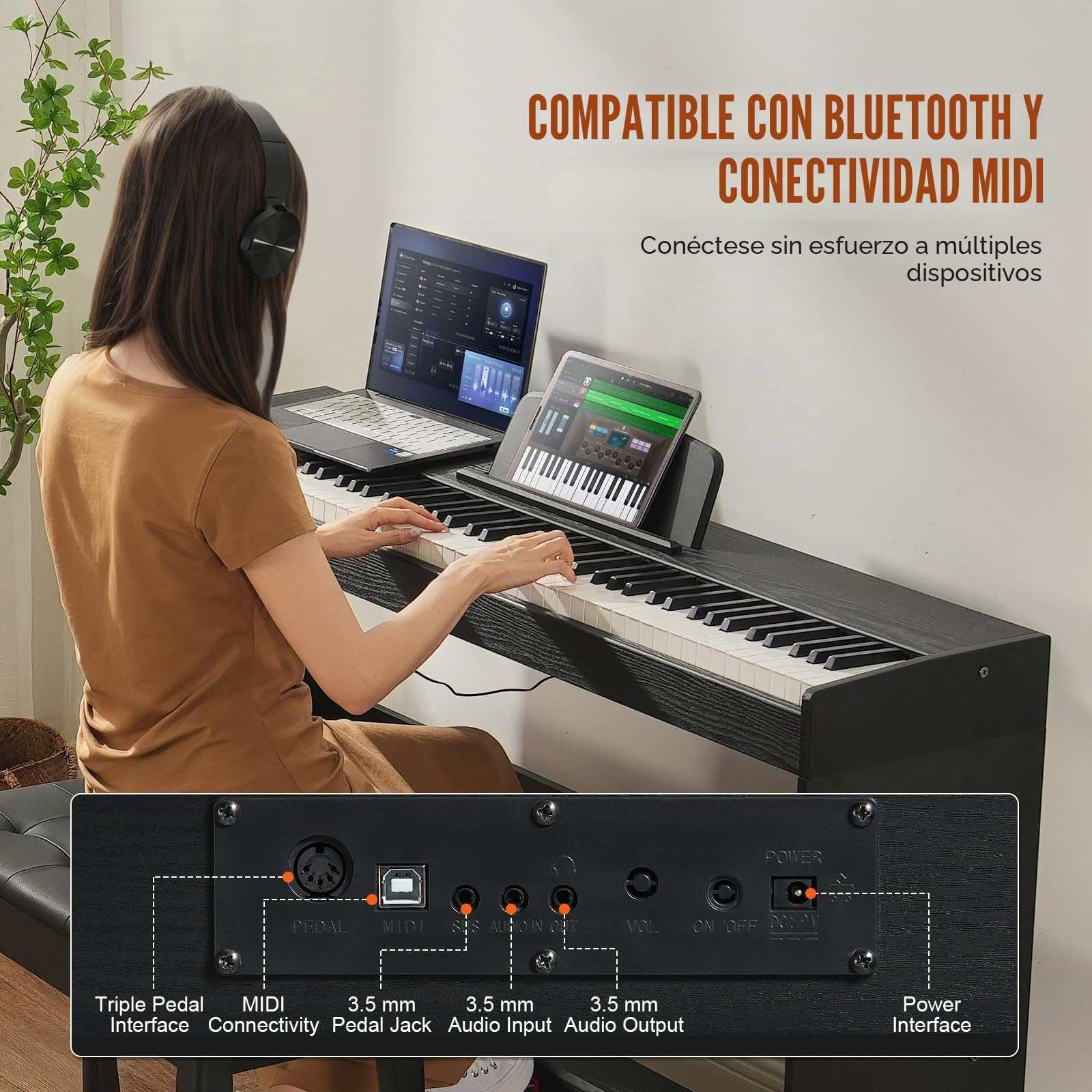 VEVOR Piano Digital de 88 Teclas Totalmente Ponderadas con Teclado Dual y Altavoces, Soporte de Gabinete Simple, Banco doble, Auriculares, 200 Tonos y Ritmos Compatible con Bluetooth/USB/MIDI