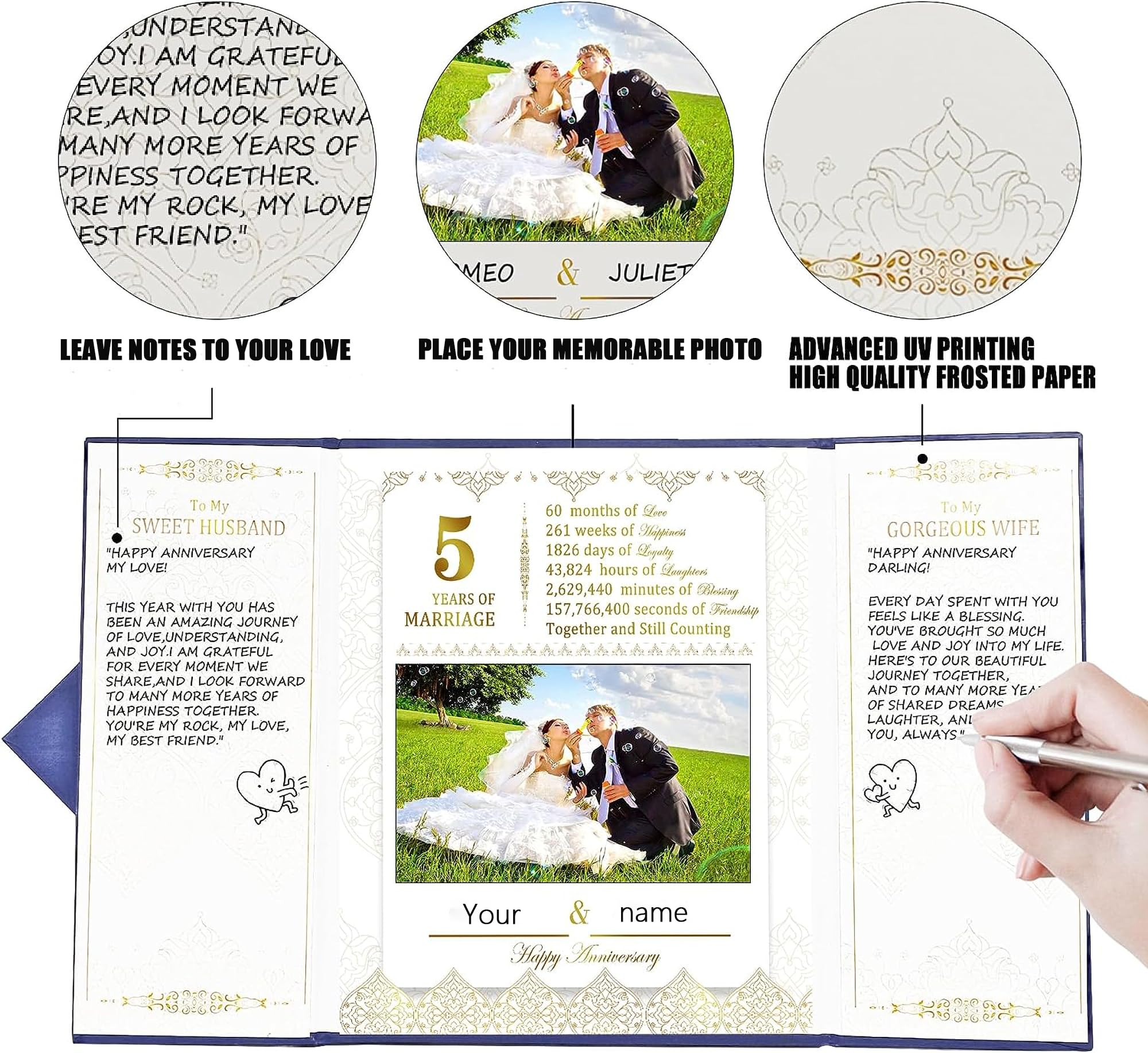 USMEI 5th Anniversary Wedding Romantic Gifts For Couple 5 Years of Marriage Self-Personalized Photo Anniversary Greeting Cards For Him Her Wife and Husband Keepsake Gifts - Image 2