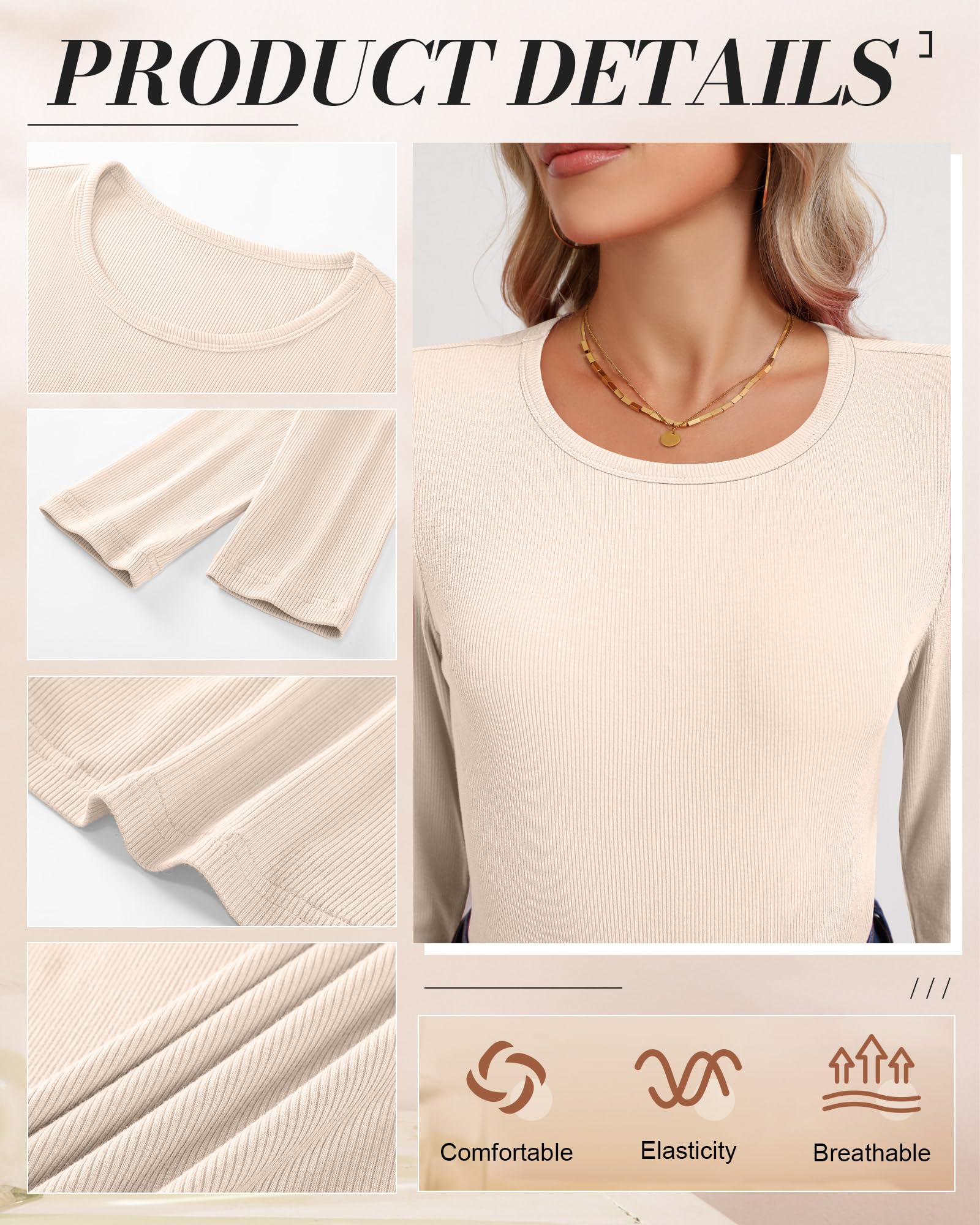 Ficerd 3er-Pack Damen-Rippstrick-Langarm-Tops mit Rundhalsausschnitt, Schmaler Passform, Dehnbar, Ideal zum Layern
