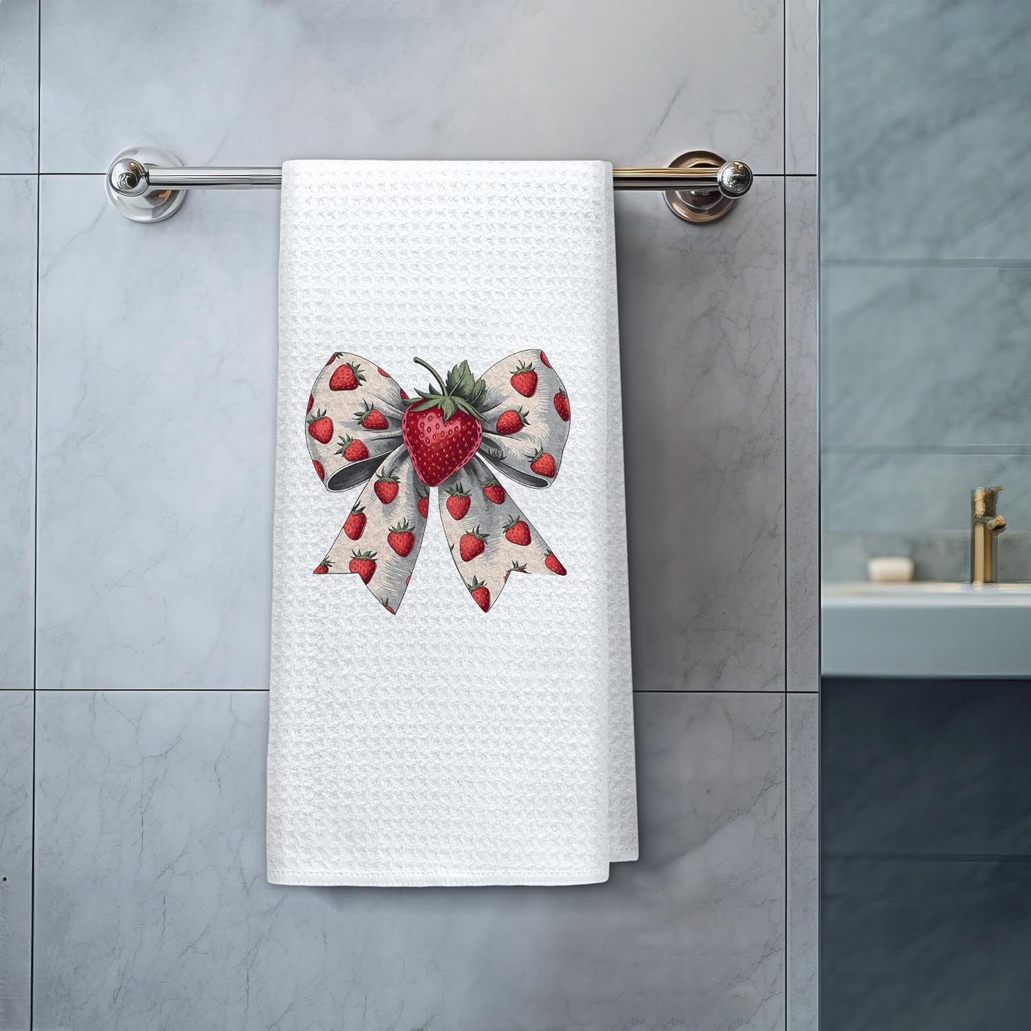 Coquette Strawberry Bow Kitchen Towels, Cute Retro Strawberry Dish Tea Towels for Kitchen Decor, Girly Preppy Aesthetic Bow Hand Towels for Bathroom Decor, 16x24 Inch - Image 9