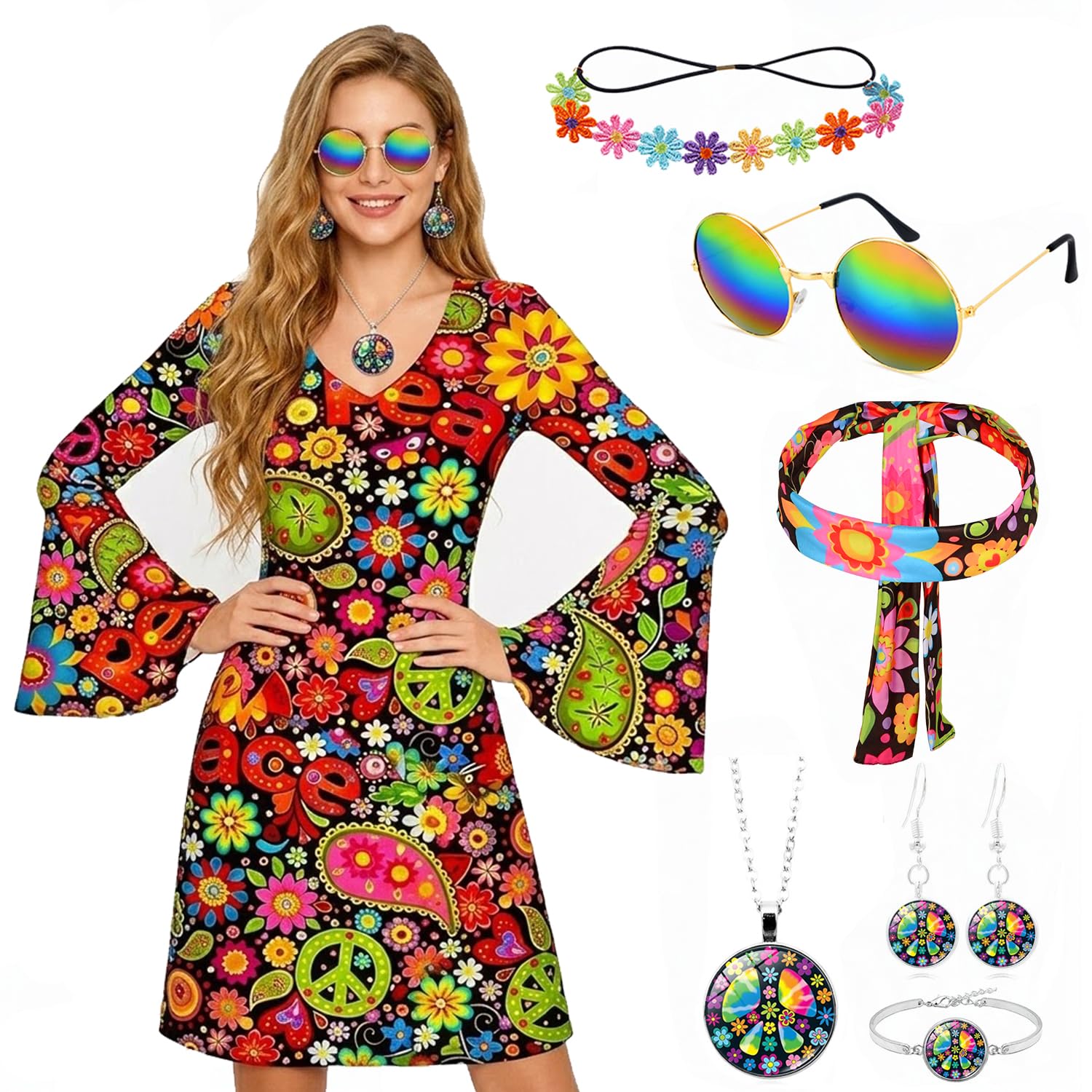 Disfraz Hippie Mujer, Disfraz Años 60 y 70 Mujer, 7 Piezas Accesorios Hippie con Gafas De Sol, Collar, Pendientes, Flores Paz y Diadema con Diseño Sol para Fiesta Verano, Discoteca y Carnaval