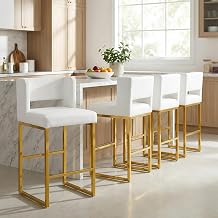 Hommoo 26 Bar Stools Set of 4, Counter Height Bar Chairs, Modern Kitchen Island Stools with Back and Arm, Faux Leather Barstools with Metal Legs for Home Bar Cafe Pub White and Gold