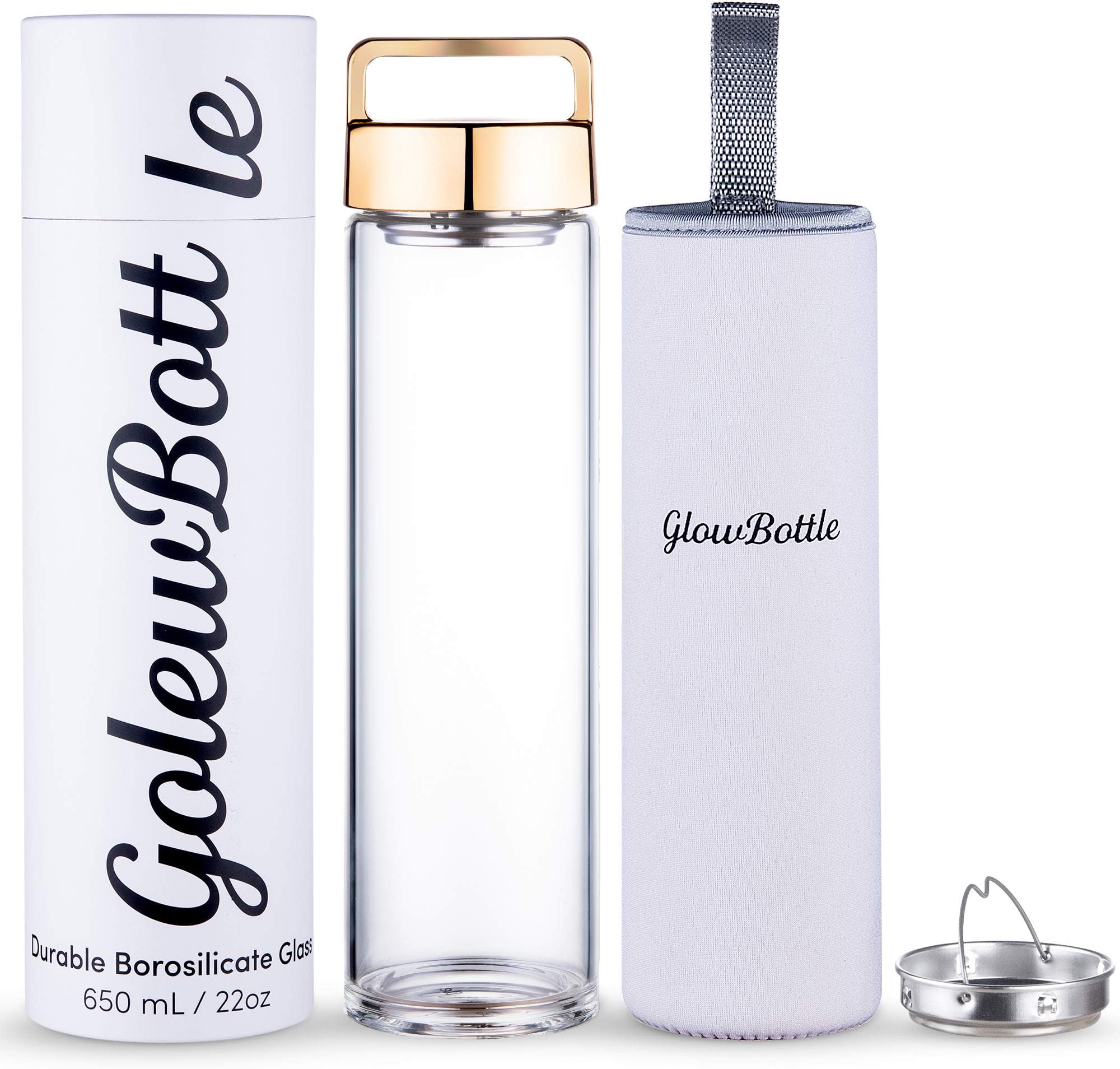 Borosilicate Glass Water Bottle 650 mL/22oz | Use Fruits,Vegetables, and Herbs with Stainless Steel Strainer | Glass Fruit Infuser Water Bottle for Detox Recipes