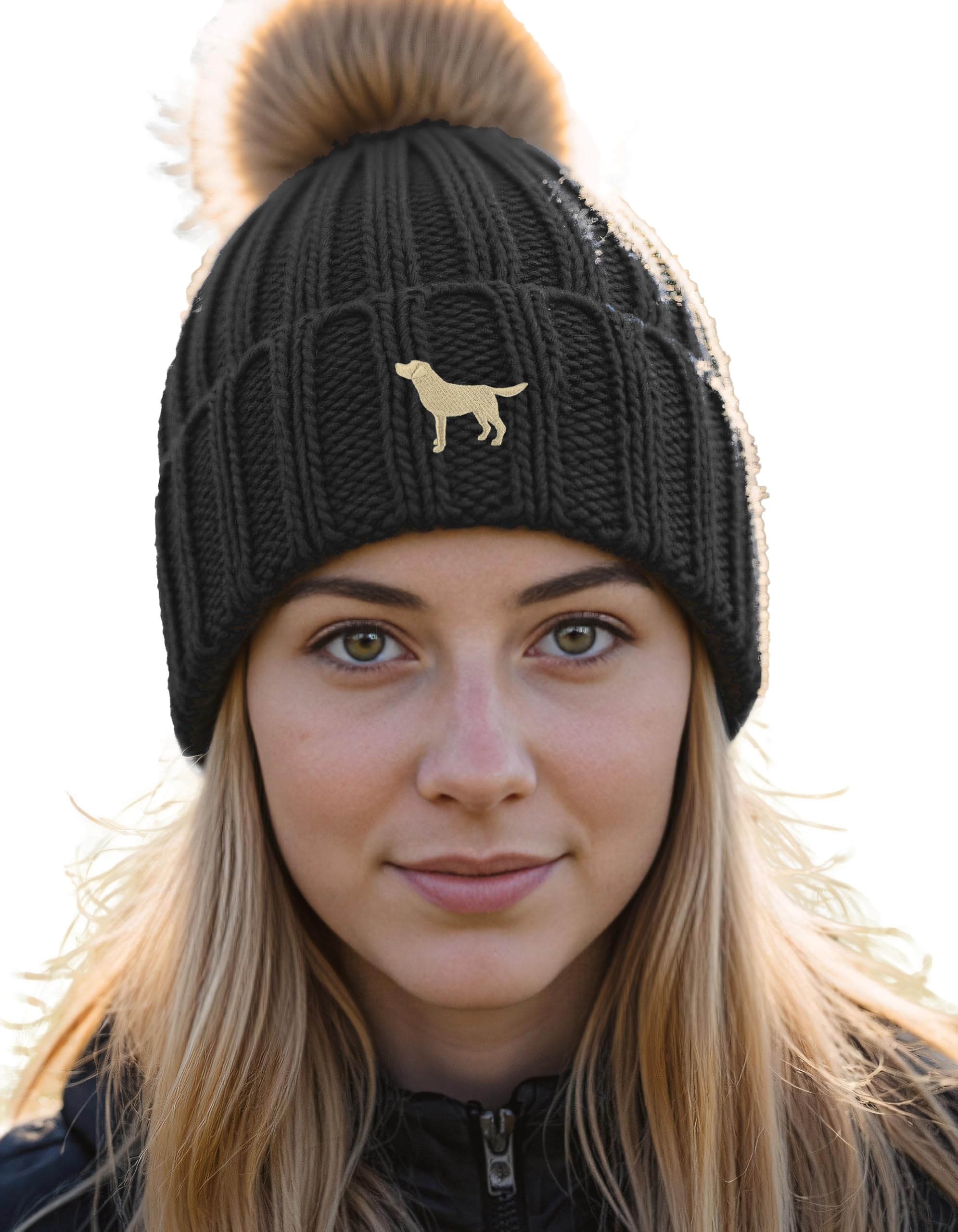 Golden Yellow Labrador Retriever Owner Gift. Faux Fur Pom Pom Chunky Knit Super Soft Unisex Embroidered Beanie