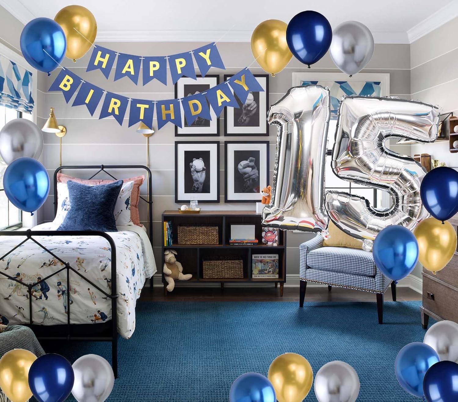 15th Birthday Party Decoration for Boys, Happy Birthday Banner Blue Number 15 Balloons Metallic Silver Blue Gold Latex Balloon for Boys Him Son 15 Years Old Party Decoration Supplies(15th) - Image 3