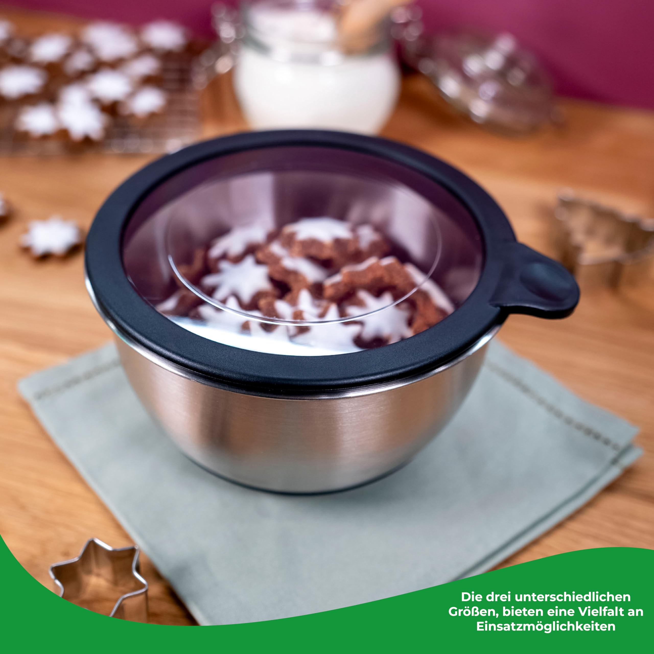 Wundermix - 3 Edelstahl Schüssel mit Deckel 1,5l, 3l, 5l (3er Set) • Stapelbar & rutschfest • Schüssel Set mit Deckel • Edelstahl Schüsseln • Rührschüssel, Salatschüssel, Backschüssel