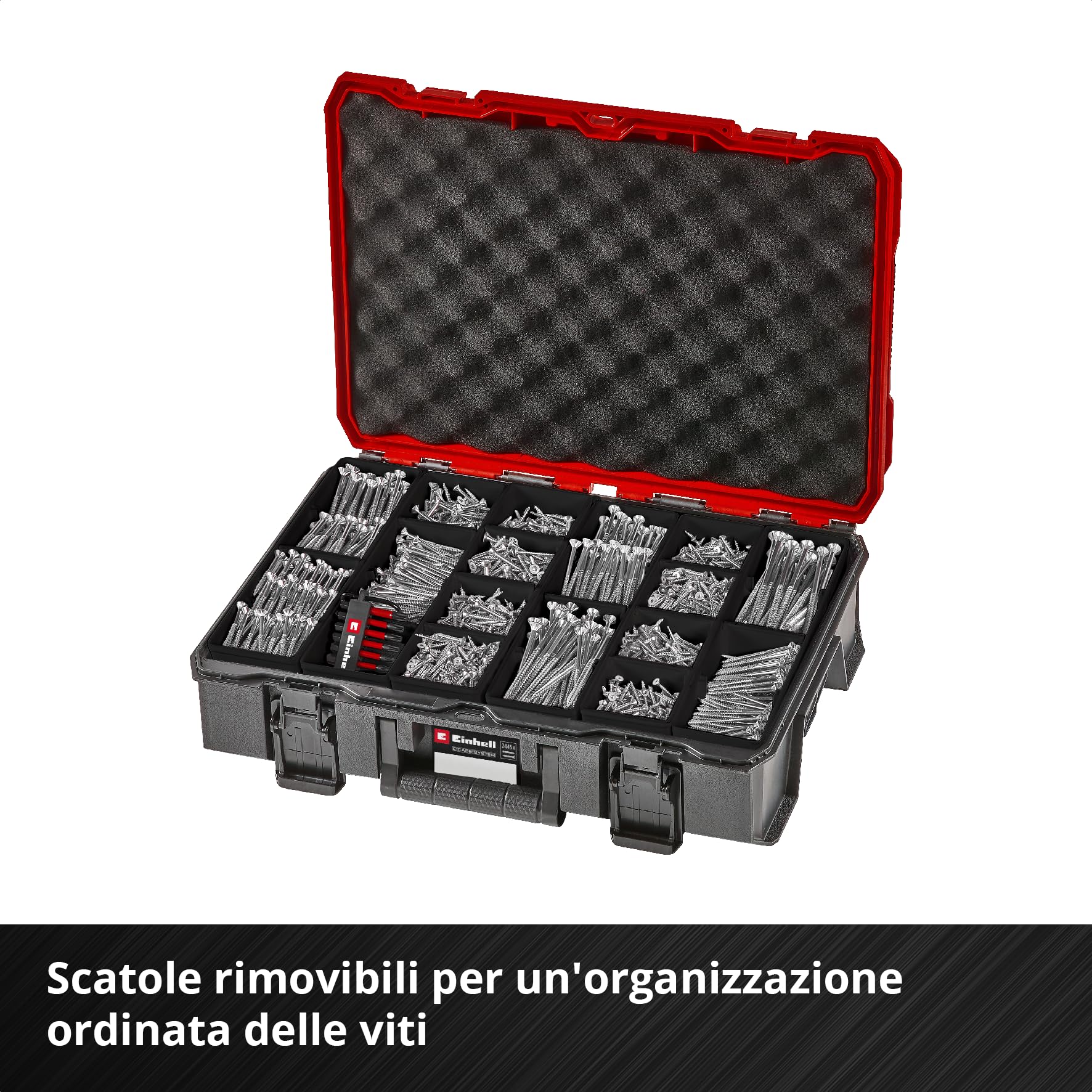 Einhell E-Case 2445 pezzi set di viti | Viti universali | T10-T30 | testa svasata | lunghezza 20-120 mm | valigetta di sistema | incl. set di 10 inserti a impatto