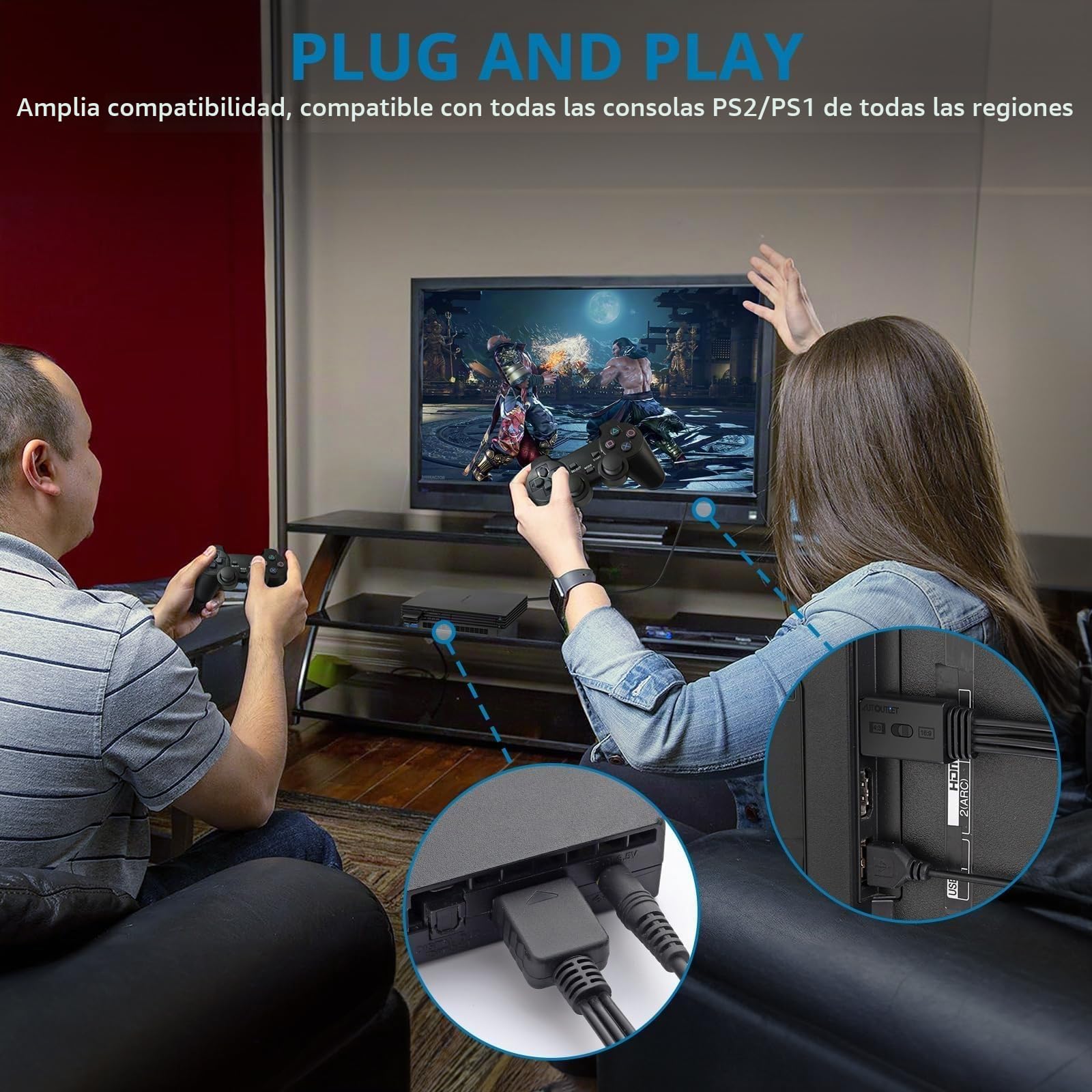 AUTOUTLET Convertidor PS2 a HDMI, Cable HDMI para PS2 y PS1, Interruptor de Relación de Aspecto 4:3/16:9