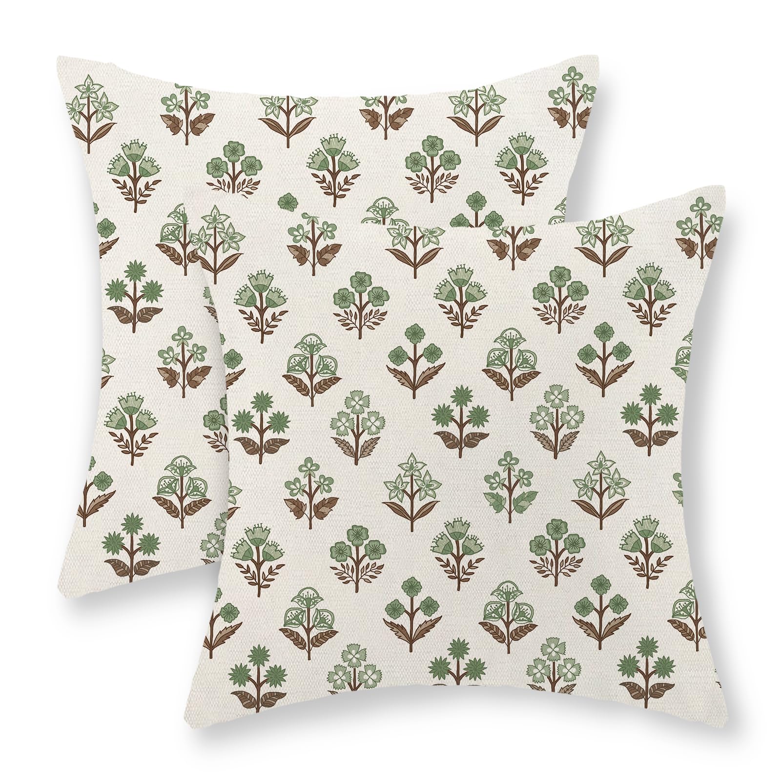 GOLIANDA Brown Sage Green Pillow Covers 18x18 Set of 2 Boho Block Print Floral Pillow Cases Vintage Flower Pattern Decorative Throw Pillows Linen Outdoor Decor Farmhouse Cushion Cover for Couch Sofa — image 1