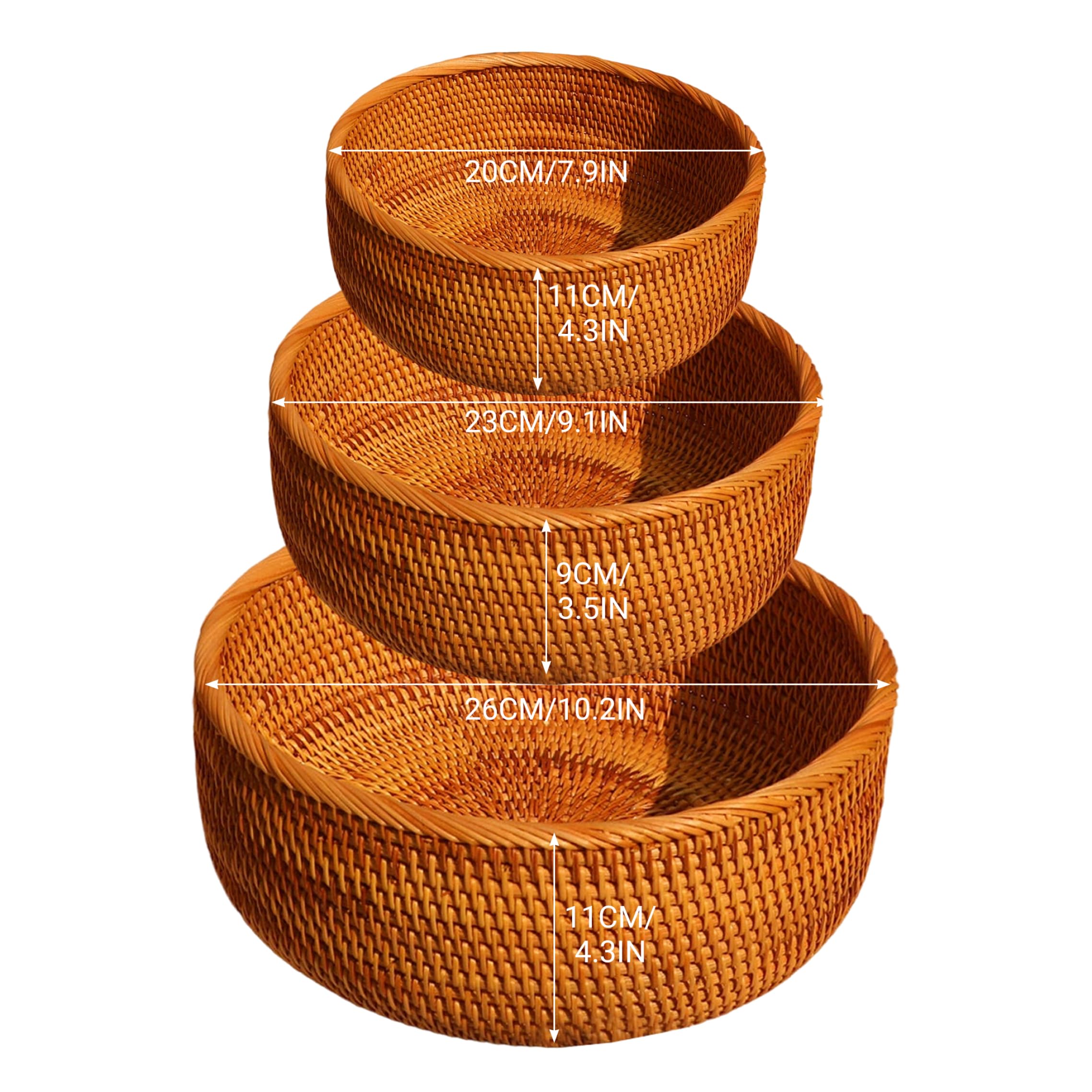 3 cestas de mimbre redondas tejidas a mano, cestas de mimbre para servir, cesta de frutas rústica, organización del hogar, de almacenamiento para mostrador, despensa, decoración de mesa
