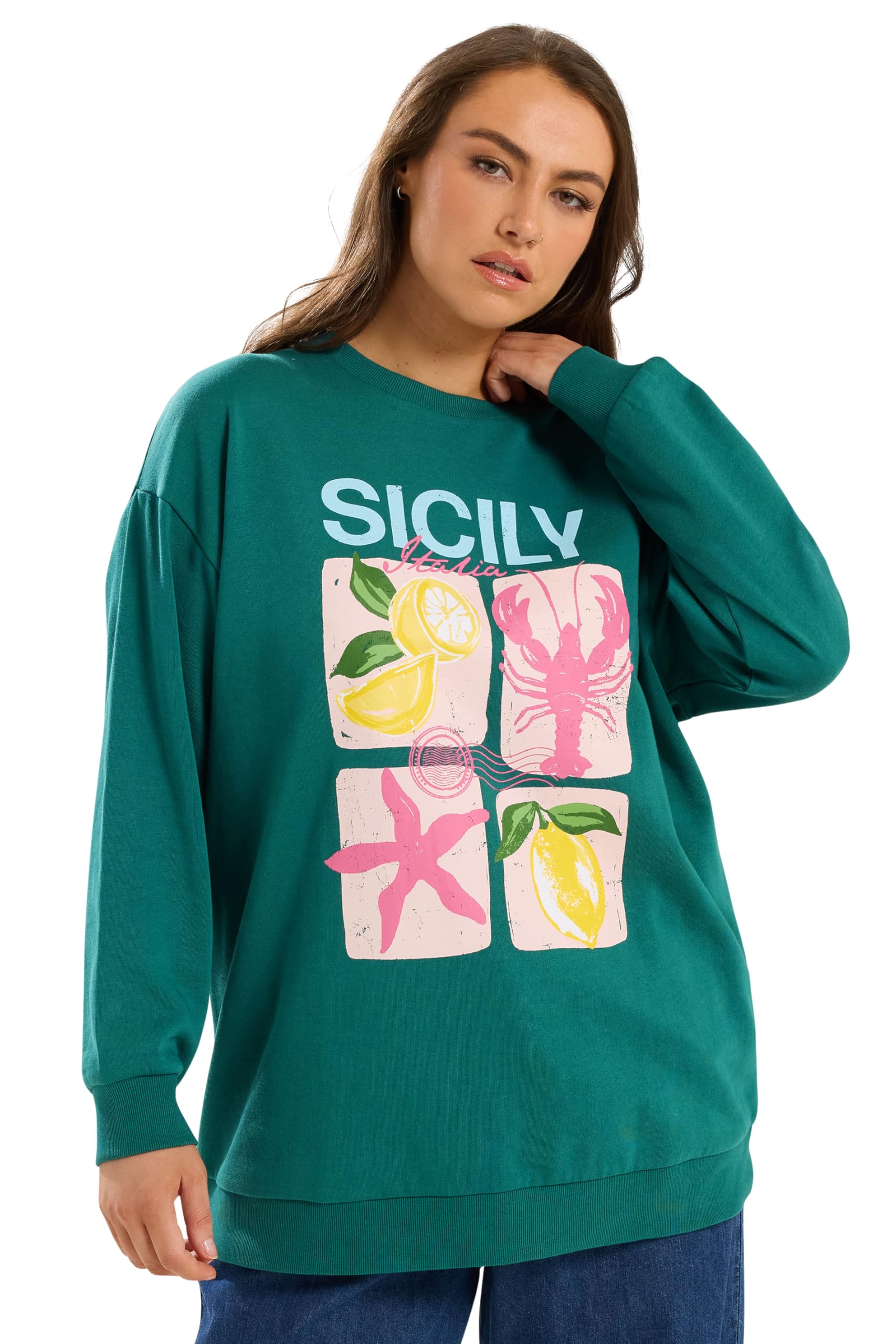 Yours Curve Green 'Sicily' Slogan Sweatshirt - Women's - Plus Size Curve