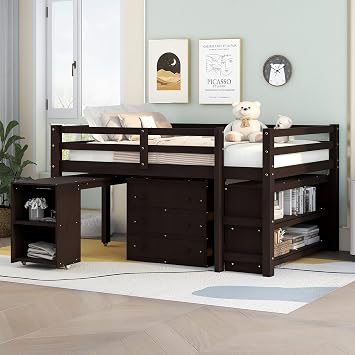 Low Study Full Loft Bed with Cabinet, Shelves and Rolling Portable Desk, Multiple Functions Bed, Espresso
