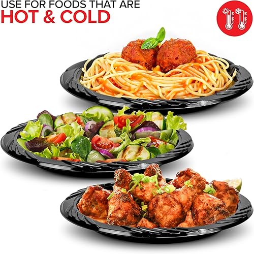 Miniatura 4 de Stock Your Home Platos de plástico negro de 9 pulgadas (100 unidades), grandes platos desechables de plástico negro para fiestas, pasteles,