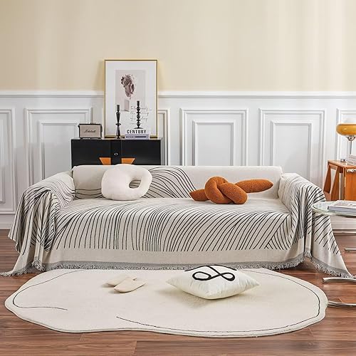 VClife Funda de sofá beige y verde de felpilla gruesa para sofá de 2 a 3 cojines, funda moderna de jacquard a rayas para sofá, funda protectora de