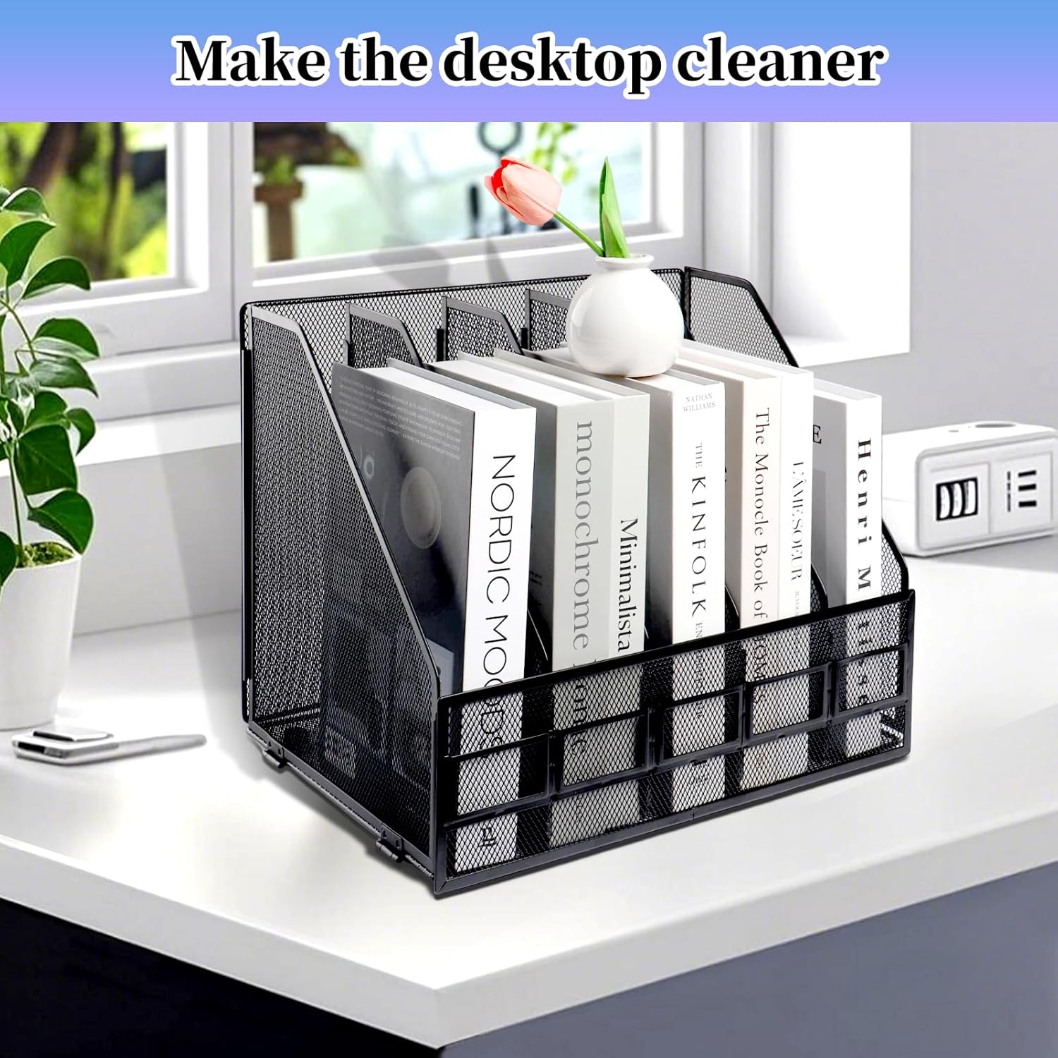 EXOFC Metal Mesh File Holder, 5 Compartments Document Holder Office File Storage Rack, A4 Magazine Desktop Organizer, Black