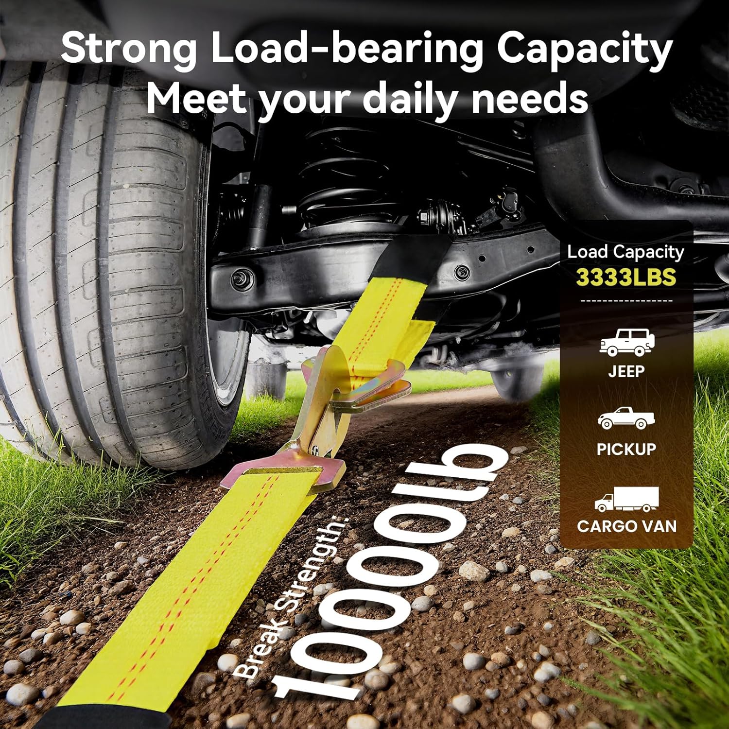 2インチ x 36インチ 車軸タイダウンストラップ Dリング付き - リフティングスリング3ポンド、作業負荷制限10,000ポンドの