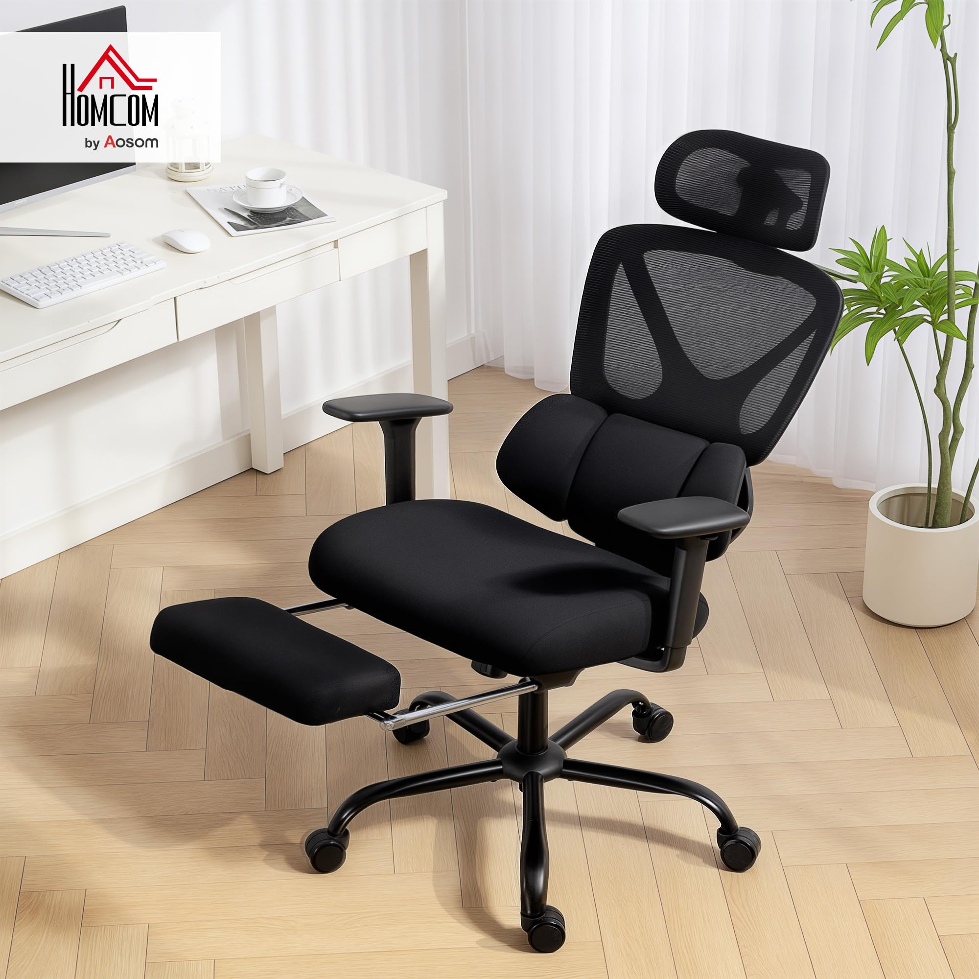 HOMCOM Chaise Bureau Ergonomique Fauteuil Bureau Soutien Lombaire Dynamique Adaptatif Accoudoirs 3D Dossier Inclinable Hauteur Appui-Tête Réglables Repose-Pieds Pivotant 360° Noir