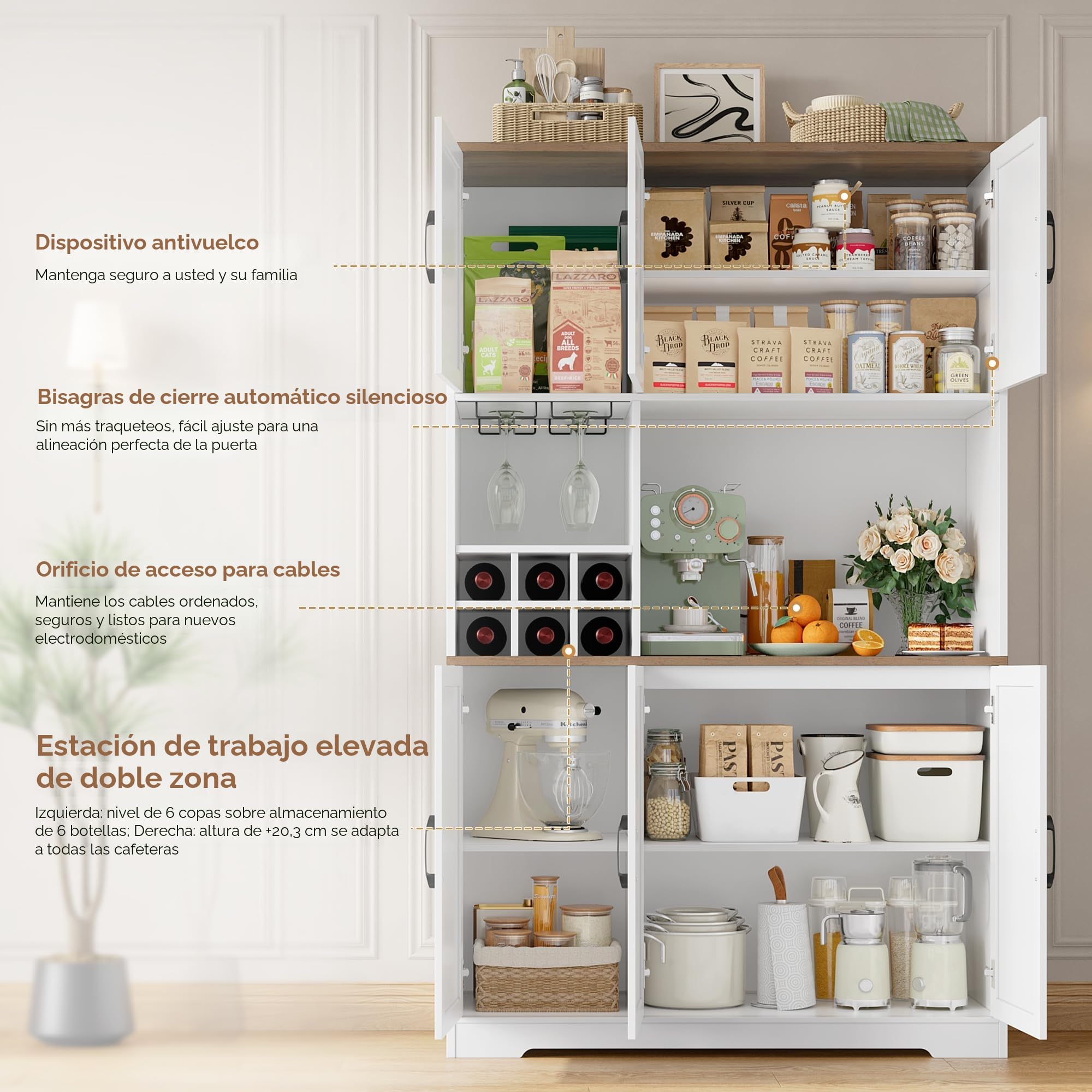 HOCSOK Alacena de Cocina，Armario con 6 Puertas, Soporte para Copas, Botellero Vino, Mueble de Cocina con Soporte para Microondas, para Comedor Y Sala De Estar, Blanco, 106x37x180 cm