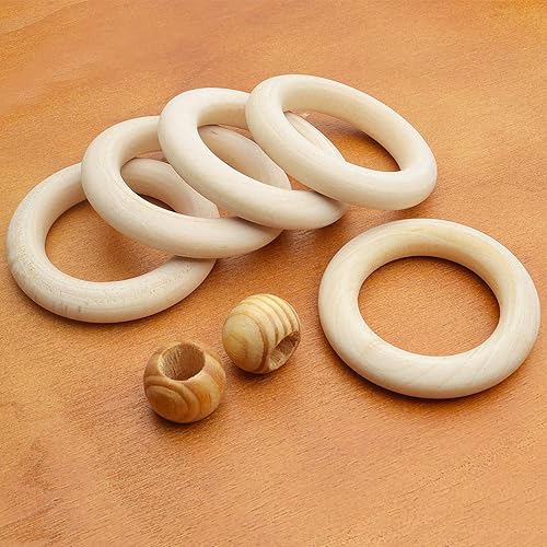 Miniatura 5 de Cuentas de madera de macramé, 20 anillos de madera natural de 2.165in y 50 cuentas de madera marrón de 0.787in, cuentas de macramé de agujero grande