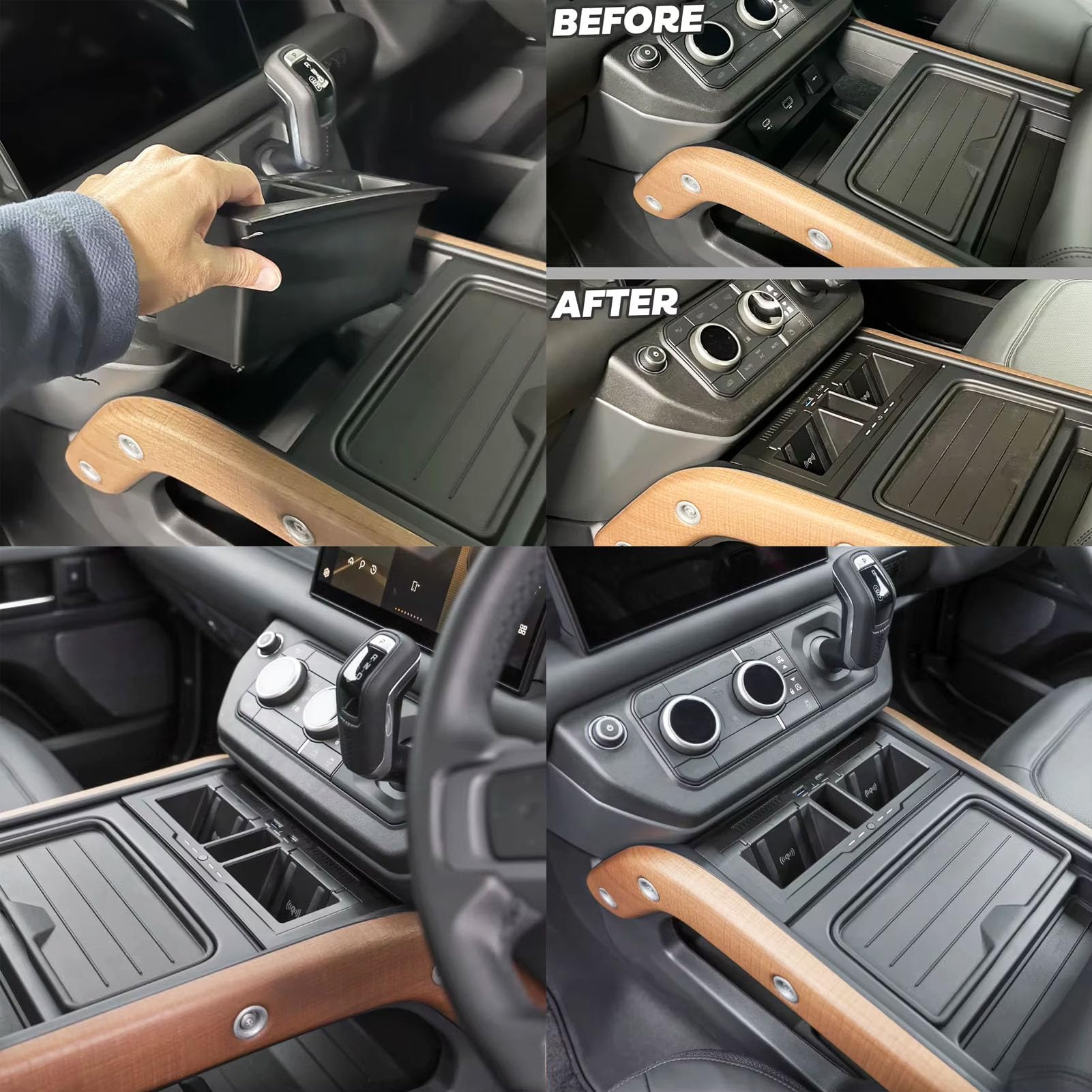 Ładowarka Samochodowa Bezprzewodowa do Land Rover Defender 2020-2025 Wszystkie Modele, Podwójna Płytka Szybkiego ładowania 15W Konsolą środkową Pudełko na Akcesoria do i-Phone Sam-sung
