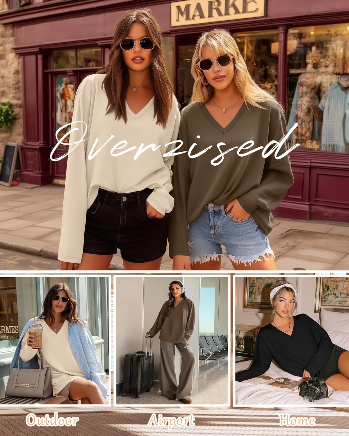 3 Pack Womens Oversized T Shirts Long Sleeve V Neck Cotton Basic Tops Loose Fit Workout Tees Fall Winter Outfits - Image 2