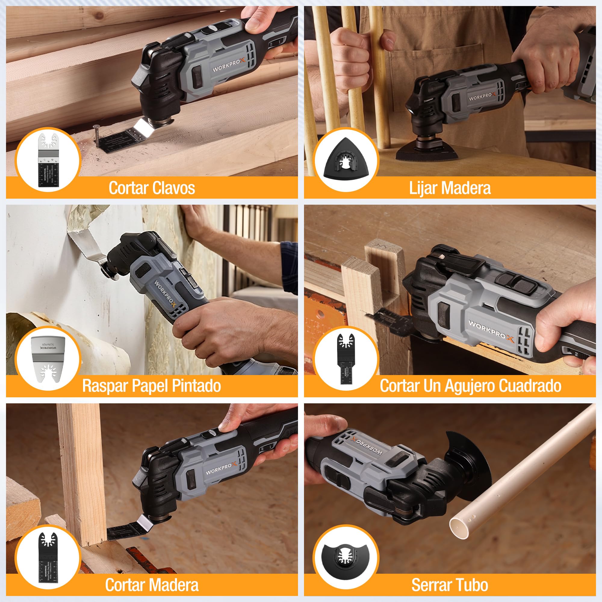 WORKPROX Multiherramienta Oscilante a Batería 20V con Motor Sin Escobillas | 6 Velocidades, Oscilación de 3,6°, Batería Incluida, 22 Accesorios y Bolsa, para Cortar, Raspar y Lijar