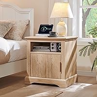 Vista 3 de Fluted Nightstand with Charging Station, 22" Large Modern Side Table, Wood End Table w/Open Shelf & Spacious Tabletop, Bedside Table with Storage
