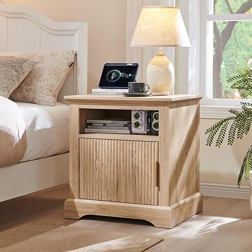 Miniatura 3 de Fluted Nightstand with Charging Station, 22" Large Modern Side Table, Wood End Table w/Open Shelf & Spacious Tabletop, Bedside Table with Storage